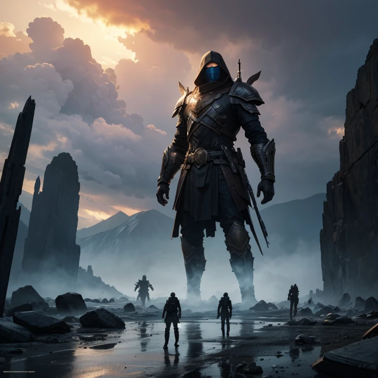 One warrior silhouettes standing in front of giant old rock statue of mamuth standing straight, concept art wallpaper 4k, sci-fi fantasy wallpaper, sci fi artwork, detailed sci-fi art, beautiful sci fi art, dark clouds, concept art artwork masterpiece, concept art 4k, concept art 4 k, sci fi concept art, mystical sci-fi concept art, fire, debris, cold world, no Sun, smoke