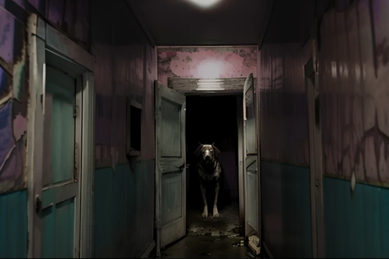 one dog, tristeza, pavor, paisagem desoladora, luzes ofuscantes, alta resolução, umas casa ao fundo