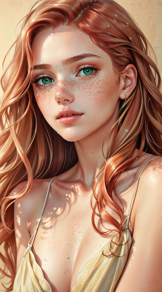 (high quality,portrait,painting),(soft skin,smooth complexion),detailed eyes fine texture,dewy lips,(natural lighting,soft light),subtle blush,sublime expression,wavy hair,neutral backdrop,subtle colors,delicate brushstrokes, beautiful, woman, redhead, long hair, green eyes, fair skin, freckles