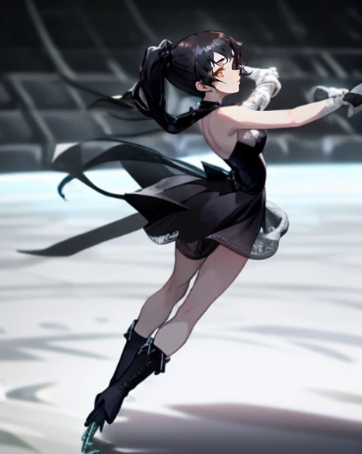 stage,icy,blackdress,1womanl,A dark-haired,poneyTail,flesh-colored stockings,Figure skating,white boots