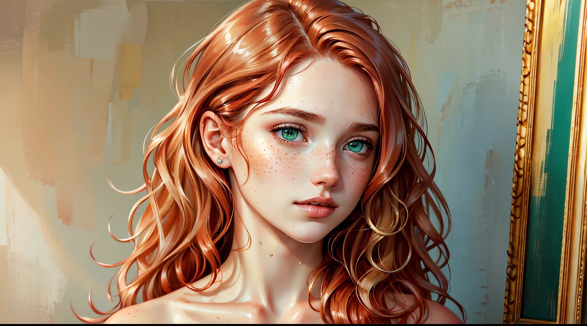 (high quality,portrait,painting),(soft skin,smooth complexion),detailed eyes fine texture,dewy lips,(natural lighting,soft light),subtle blush,sublime expression,wavy hair,neutral backdrop,subtle colors,delicate brushstrokes, beautiful, woman, redhead, long hair, green eyes, fair skin, freckles