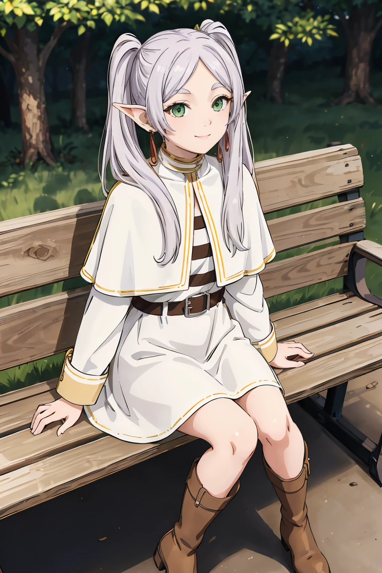 masterpiece,best quality,highres,ultra-detailed,frieren,green eyes,long hair,twintails,parted bangs,earrings,jewelry,dress,long sleeves,white capelet,belt,boots,brown footwear,outdoors,bench,sitting,smile,