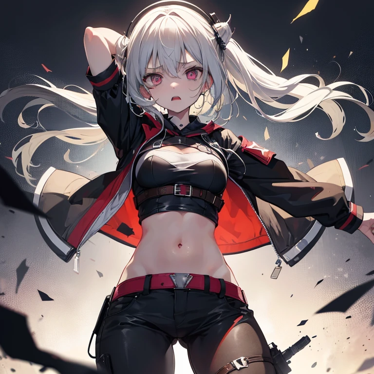 ((Highest quality)), ((masterpiece)), ((detailed)), (4K), 1girl, 独奏, (eyepatch), middle hair, green hair, (red eyes), crop top, leather jacket, small breasts, Torn miniskirt, suspender skirt, torn pantyhose, panties under pantyhose, choker, bracelet, (rain), ((wet)), gloves, see through, (expressionless), scowl, (from below), (looking down), looking at viewer, (open legs), wasteland, town