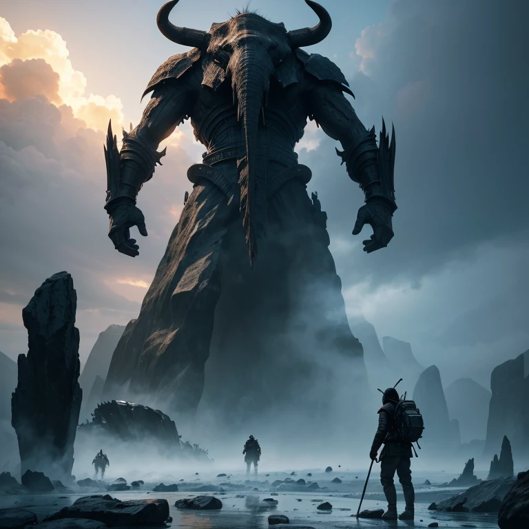 One warrior silhouettes standing in front of giant old rock statue of mammoth standing straight, concept art wallpaper 4k, sci-fi fantasy wallpaper, sci fi artwork, detailed sci-fi art, beautiful sci fi art, dark clouds, concept art artwork masterpiece, concept art 4k, concept art 4 k, sci fi concept art, mystical sci-fi concept art, fire, debris, cold world, no Sun, smoke