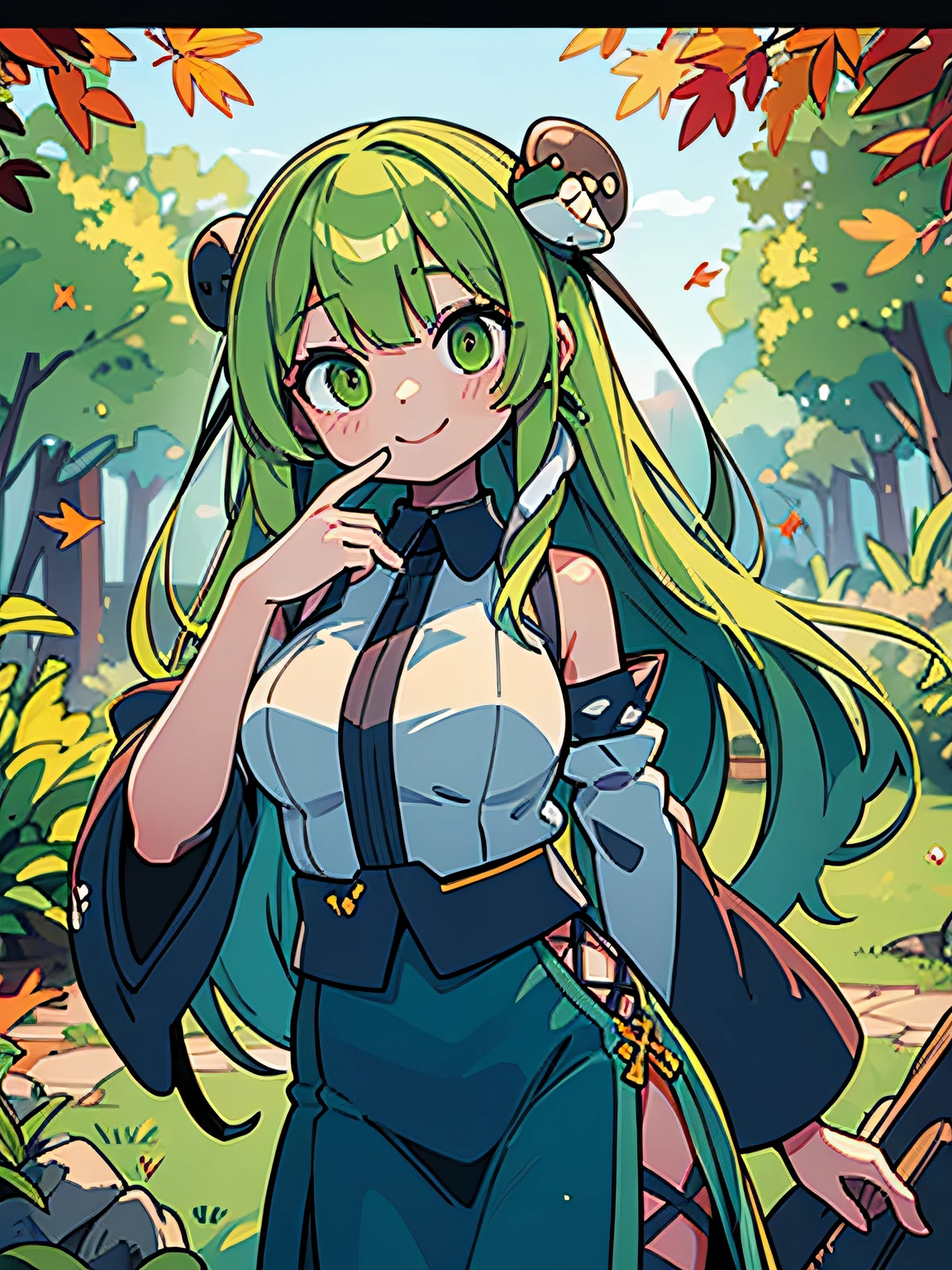 Best Quality,Ultra-detailed,Unity 8k壁纸,extremely details CG,super detailed skin,Detailed,Dynamic lighting,Beautiful detailed eyes,kochiya sanae,Happy smile,Green long hair,Green eyes,frog hair ornament, hair tubes,snake,Detached sleeves,Shirt,Long skirt,Autumn leaves,stylish pose,Finger to mouth,Head tilt,glistning skin,