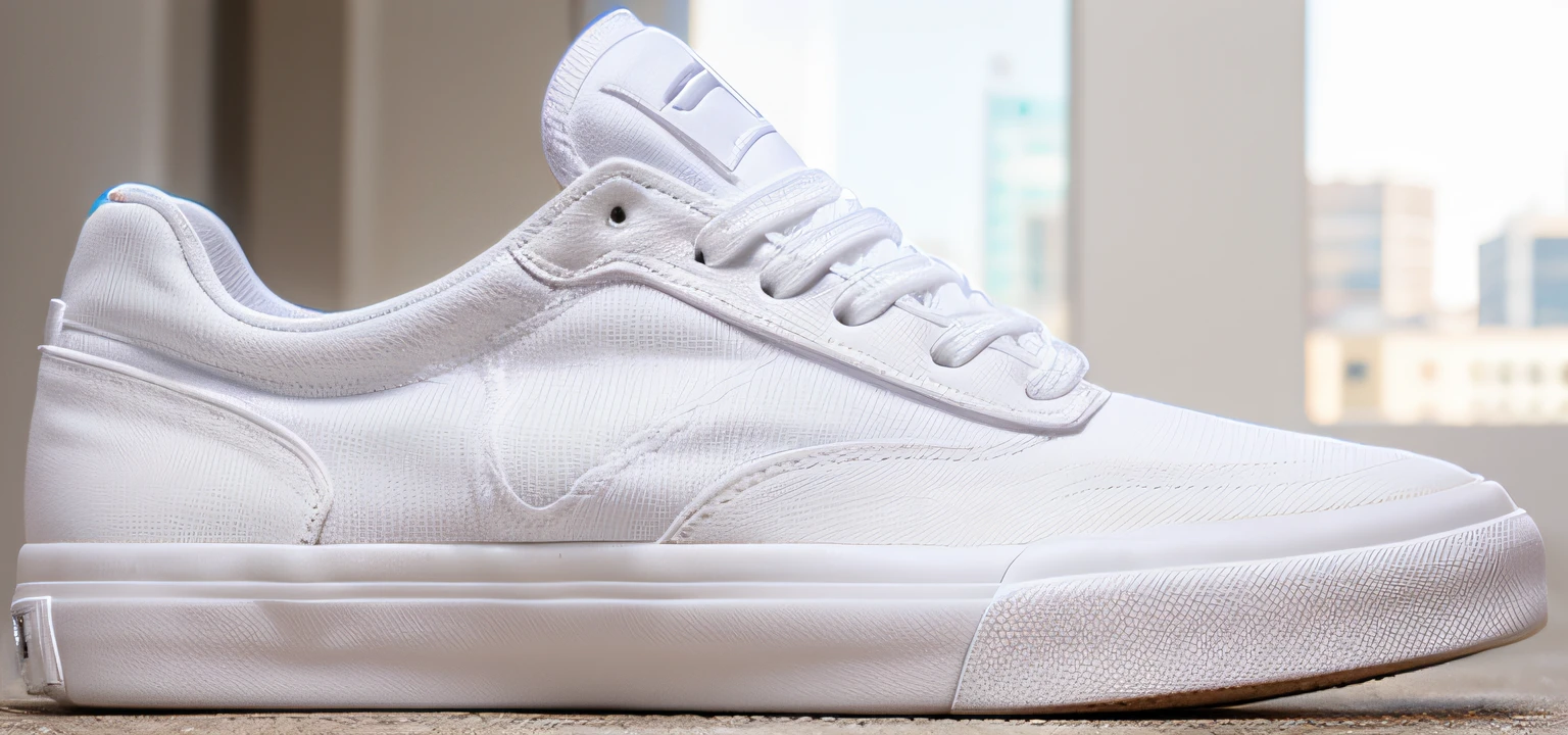 zapatilla hombre detallada, fotorealista, 4k, detalles realistas, mejorar detalles de costuras, costuras detalladas extremadamente detallista, fondo de color blanco, zapatilla con cordones blancos, zapatillas con costuras blancas, zapatilla verde, luz exterior dia claro