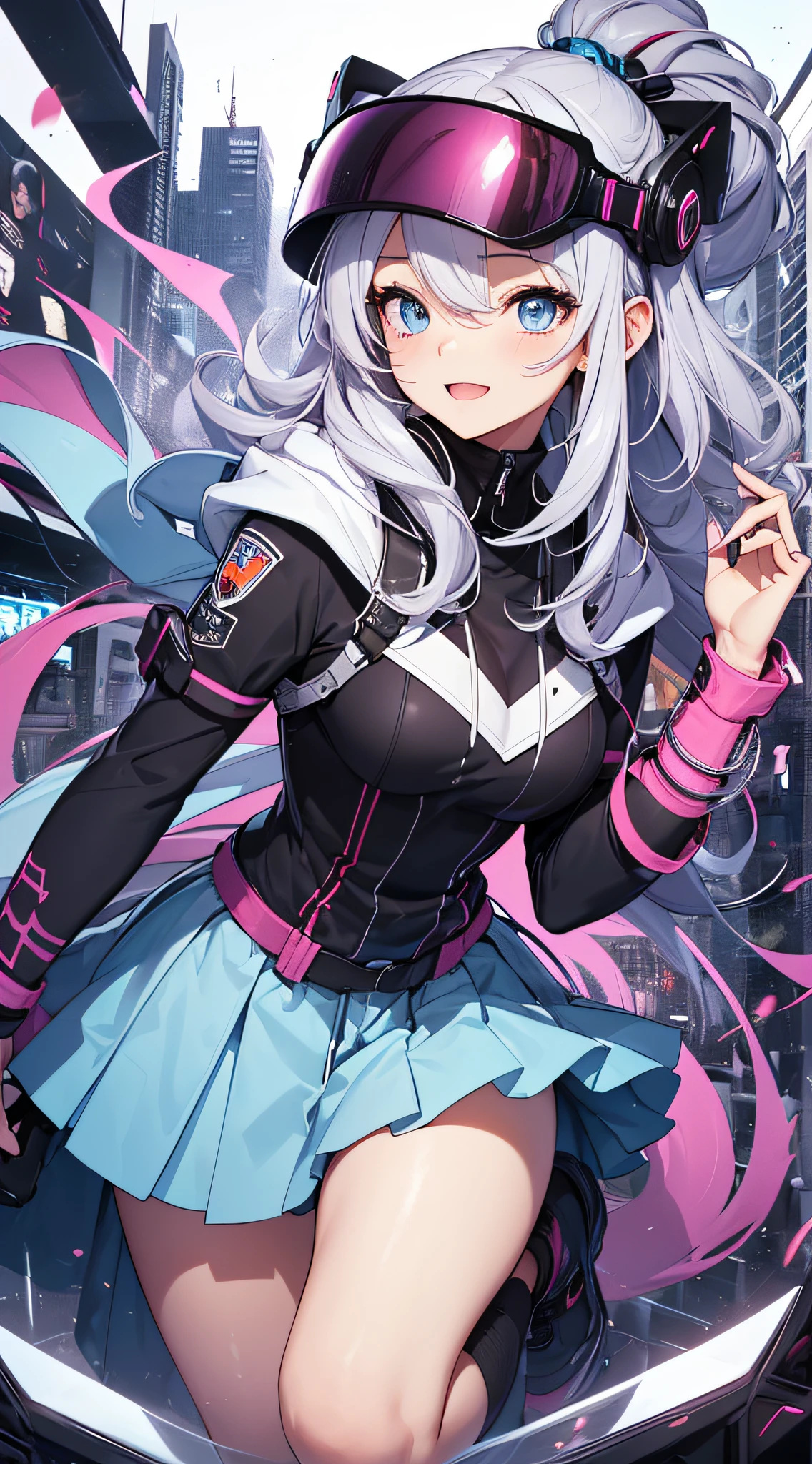 top-quality、Top image quality、masterpiece、teens girl((White and blue hoodie、Black skirt、18year old、 Ager、Best Bust、big bast,Beautiful light blue eyes, Long silver hair、A slender,Large valleys、Reflecting the whole body、Leaning forward、Attach the VR visor to your eyes、jumping pose、Excited face、play VR,Japan holding a sword)),hiquality、Beautiful Art、Background with(( Cyber World、Cyber World、Game world))masterpiece、depth of fields,
