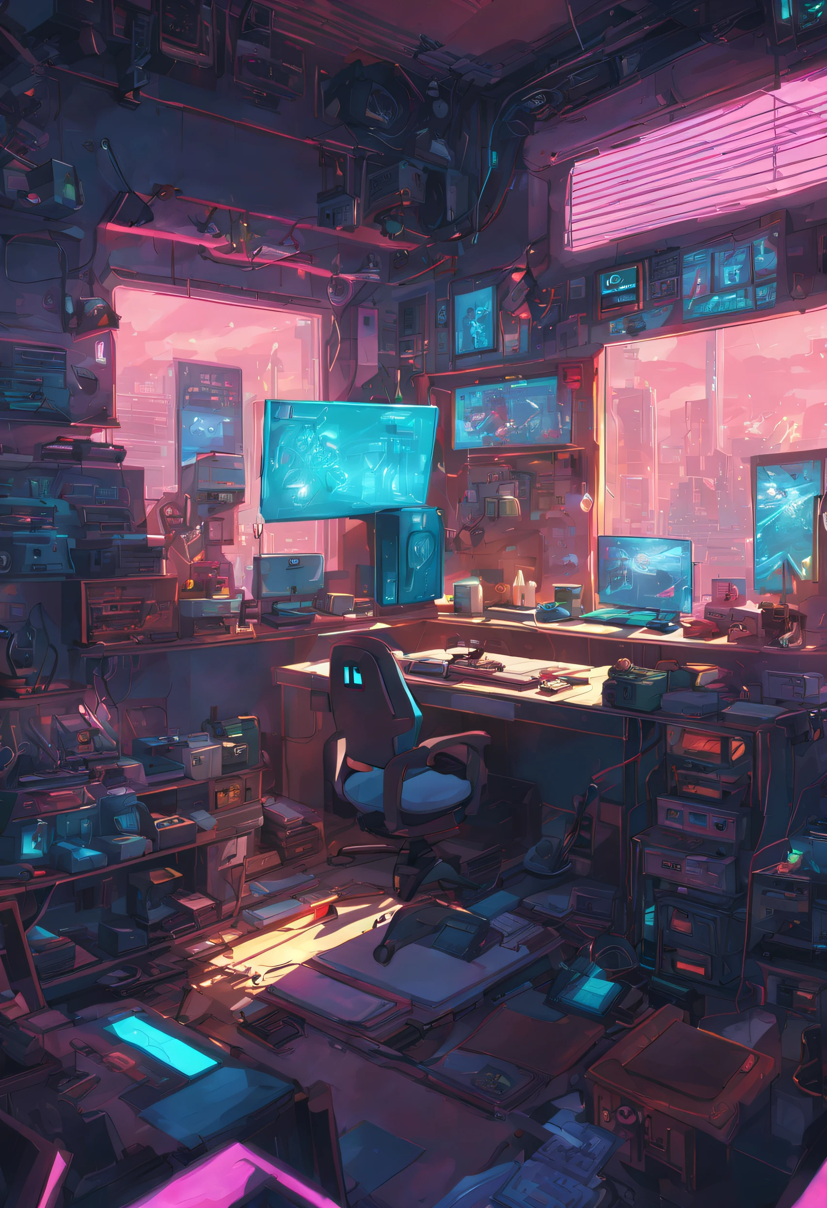 Cyberpunk style cluttered room. more neon. Many machines with unknown uses. Large windows with an open feel. It's sunny outside. Hatsune Miku is sitting on the chair..