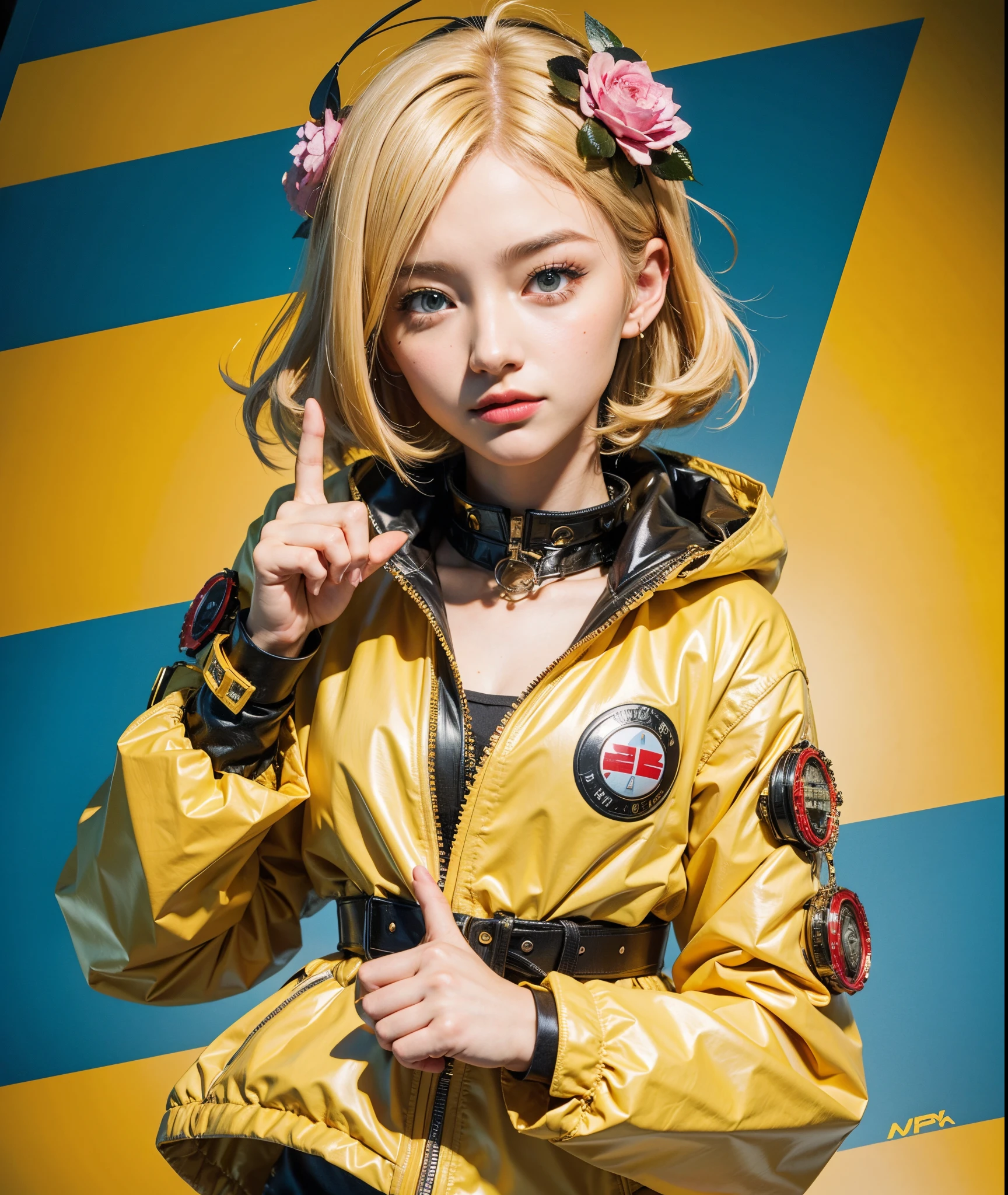 Beautiful girl with blond hair wearing a yellow raincoat poses for a photo., Yellow eyes, (Beautiful face details), intricate detailed, Portrait of a female man, very high details, Realistic photos, 8k, UHD, hyperdetailed, (Dynamic Poses:1.4),