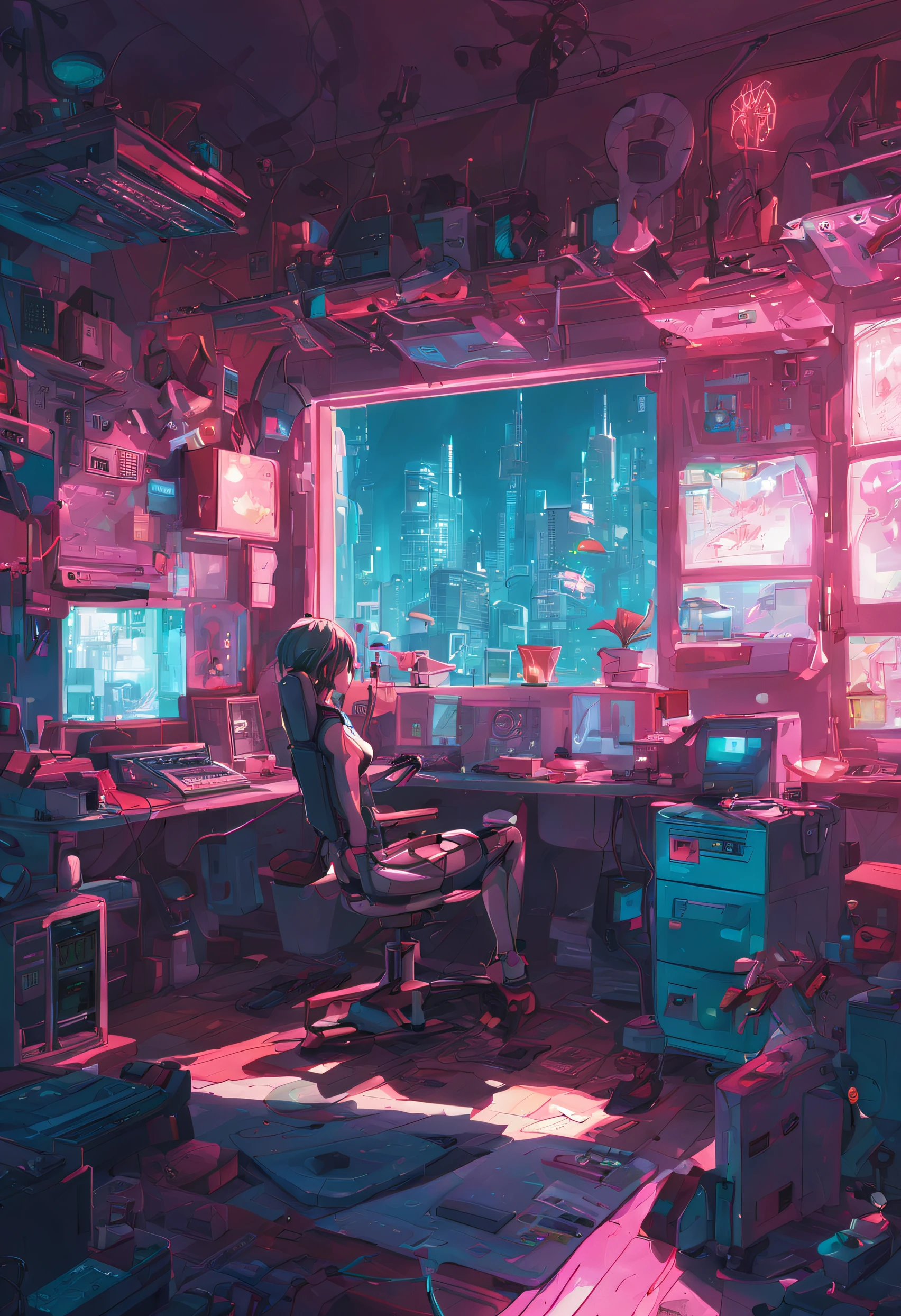 Cyberpunk style cluttered room. more neon. Many machines with unknown uses. Large windows with an open feel. It's sunny outside. Hatsune Miku is sitting on the chair..