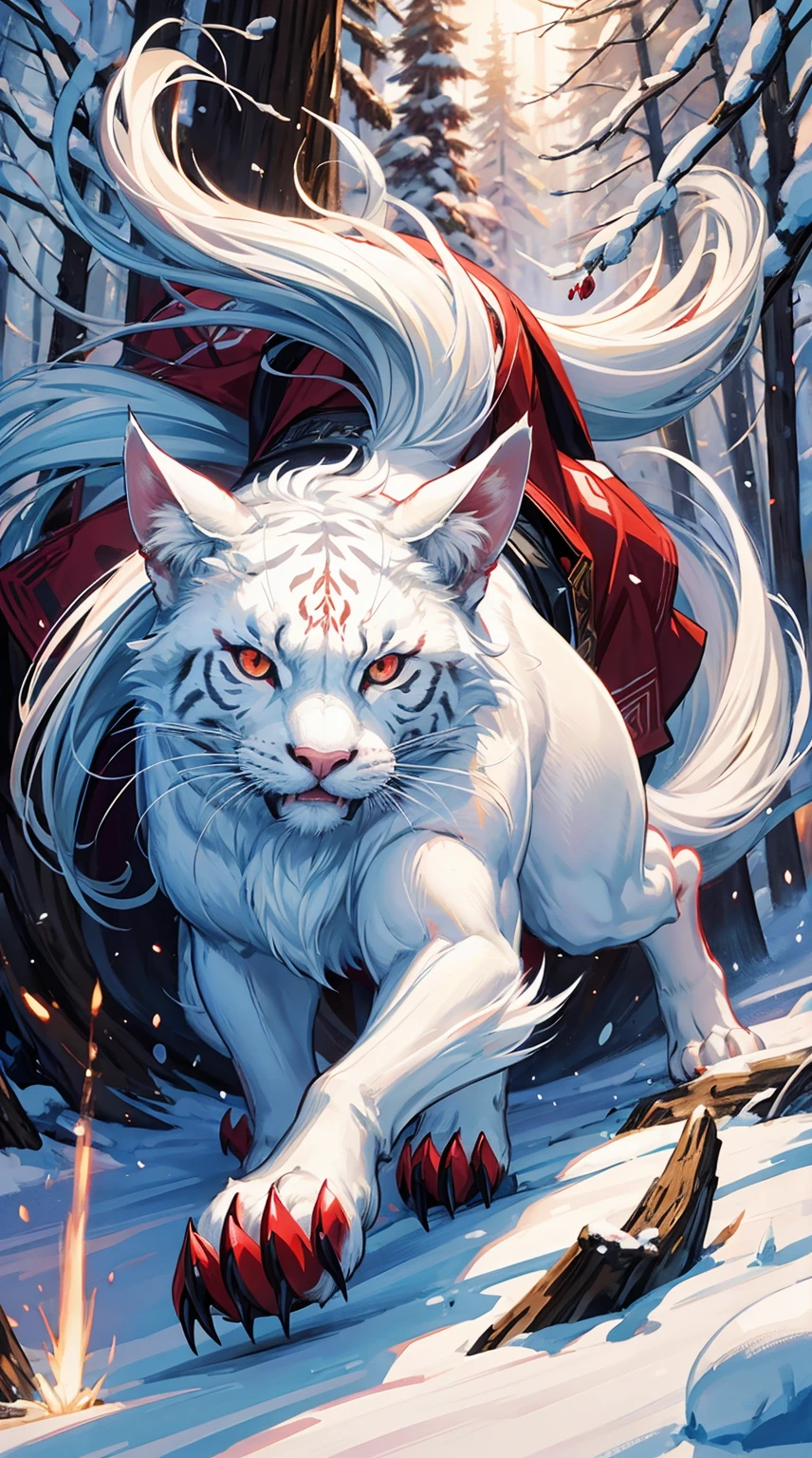 Very big cat, white colors,Glowing red eyes, Animal Pictures, Fantastic,In the winter forest,yuki,Best Quality, High quality, masutepiece, in 8K,ultra-detailliert