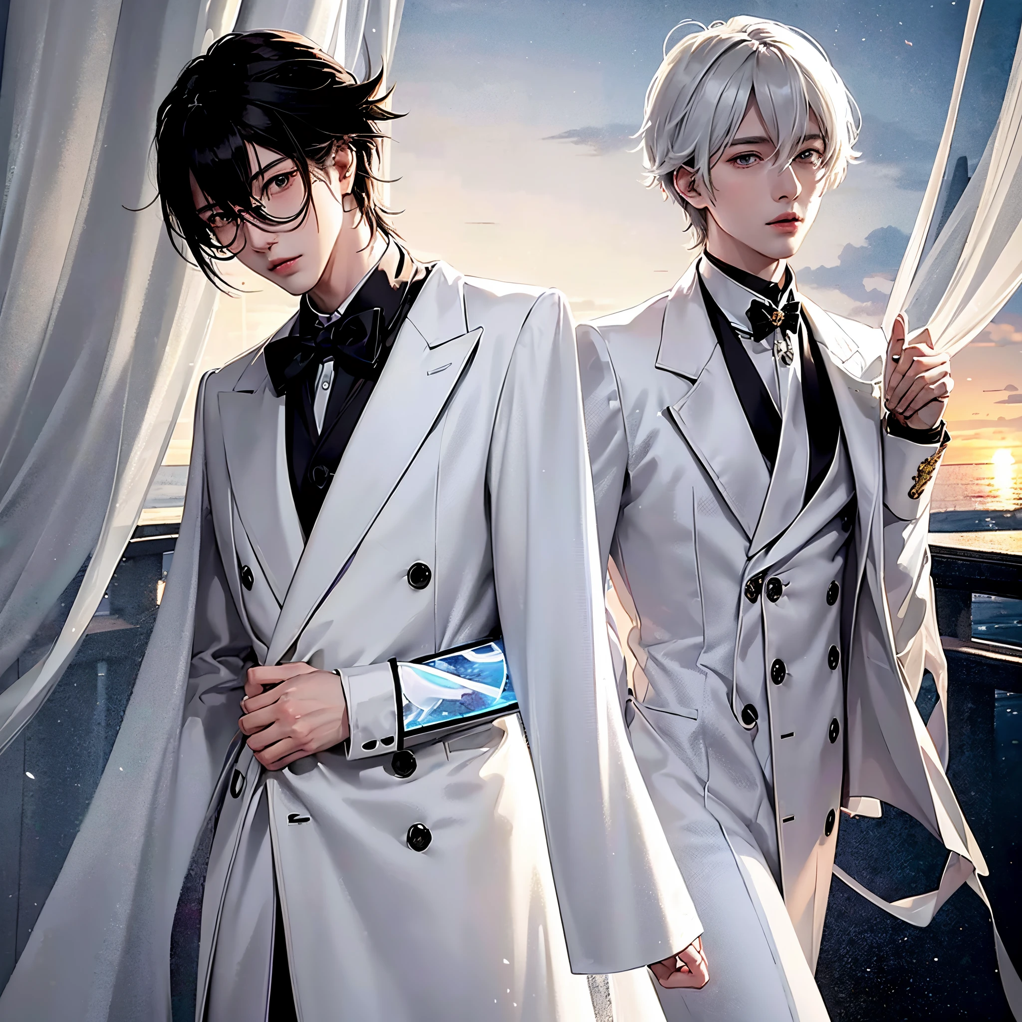 anime guy, an elegant anime guy, white trench coat made of black and white fabric, transparent curtains, sunset colors, fleeting and fluttering fabric, silver butterflies