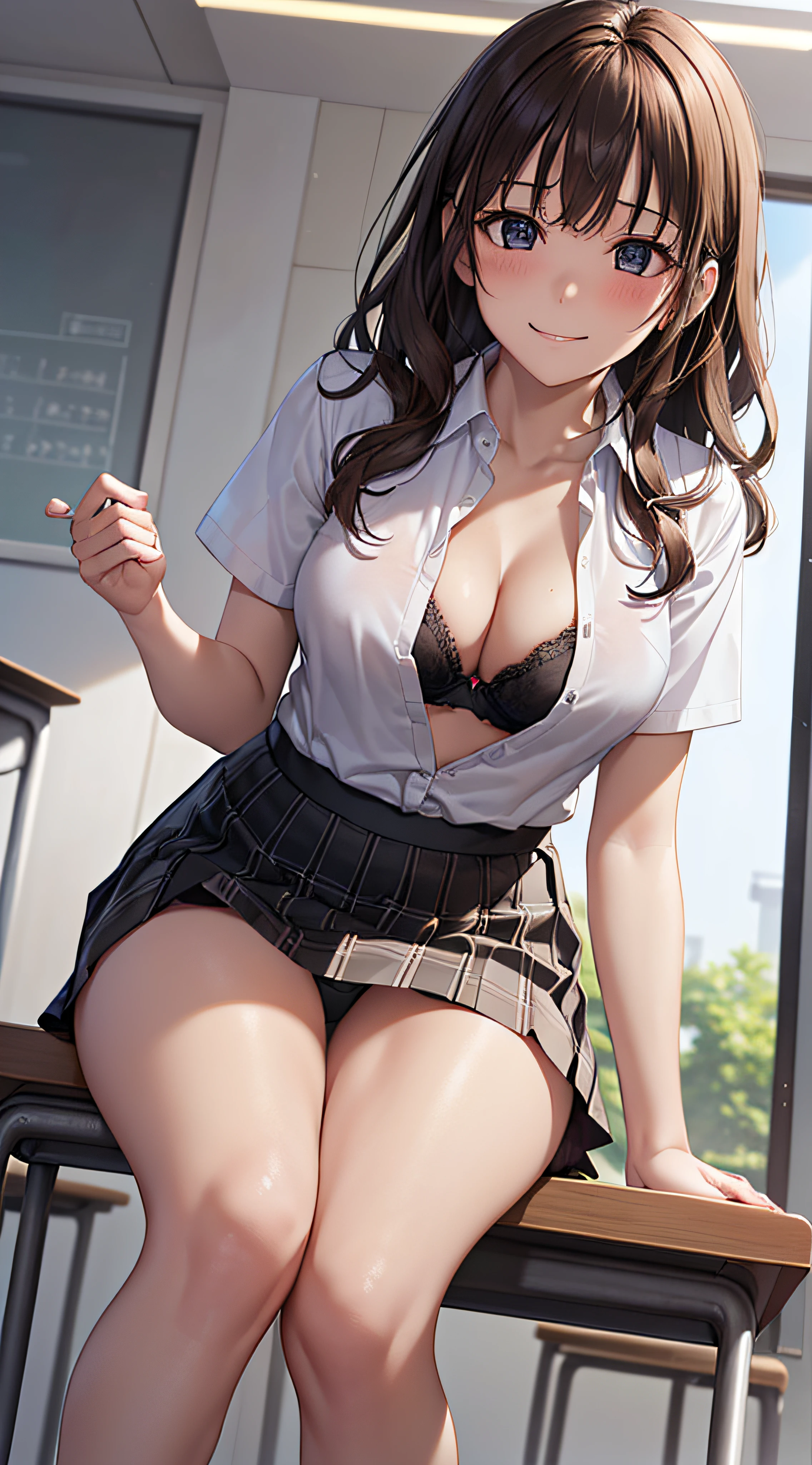 ((masutepiece, Best Quality, hight resolution, nffsw, Perfect Pixel, 4K, nffsw, nffsw))), 1girl in, Single, Solo, Beautie、full body seen、 ((Medium length wavy hair, Bangs, Brown hair)), ((Brown-eyed, Beautiful eyelashes, Realistic eyes)), ((Detailed face, Blushing:1.2)), ((Smooth texture:0.75, Realistic texture:0.65, Photorealistic:1.1, Anime CG style)), medium breasts, Dynamic Angle, Perfect body, ((School uniform, White shirt, Black skirt, Unbuttoned shirt、(no-bra)、plaid skirts、I'm not wearing shoes、White Sox)), Classrooms without people、Sit on a desk、Lower'I took my foot off the desk..............................、Very embarrassing panic smile、(Lift the skirt with your right hand、opens legs、Open knee-lou and black floral lace panties)、、(Cute floral bra)、Angle from below