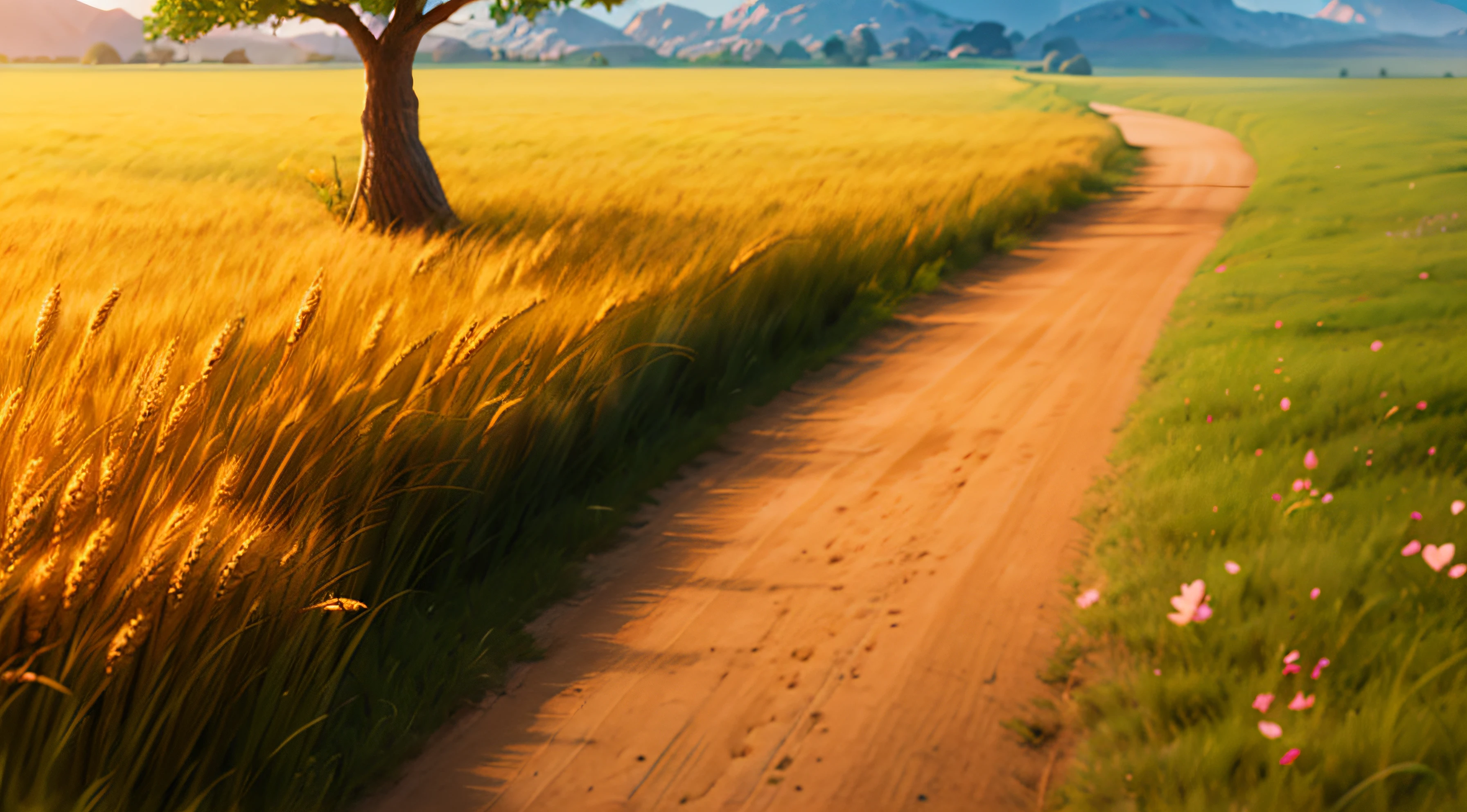 (a dirt road,deep into the image),(a wheat field that has a tree with green leaves ,left),(a meadow with various colorful flowers,right),(Pixar Disney style),(RenderMan),(Artstation) meadow,beautiful detailed flowers,vivid colors