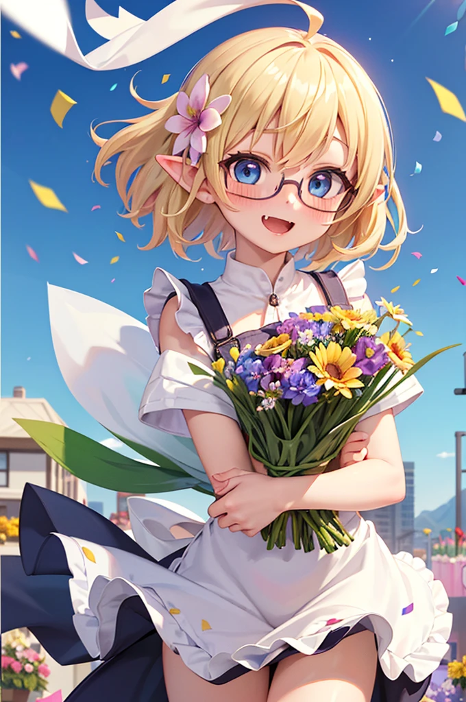 ultra detailed, best quality, high resolution, ((8k)), ((1girl)), pale skin, petite, (blonde hair), (very short hair), (ahoge:1.3), (glasses), pointy ears, (blush:1.5), blue eyes, medium breasts, cowboy shot, (naughty smile), open mouth, ((flower shop:1.5)), (bandana), ((big bouquet)), ((windy:1.5)), (pretty apron:1.2), (overalls), (confetti:1.3), ((chibi:1.2)), ((fang))