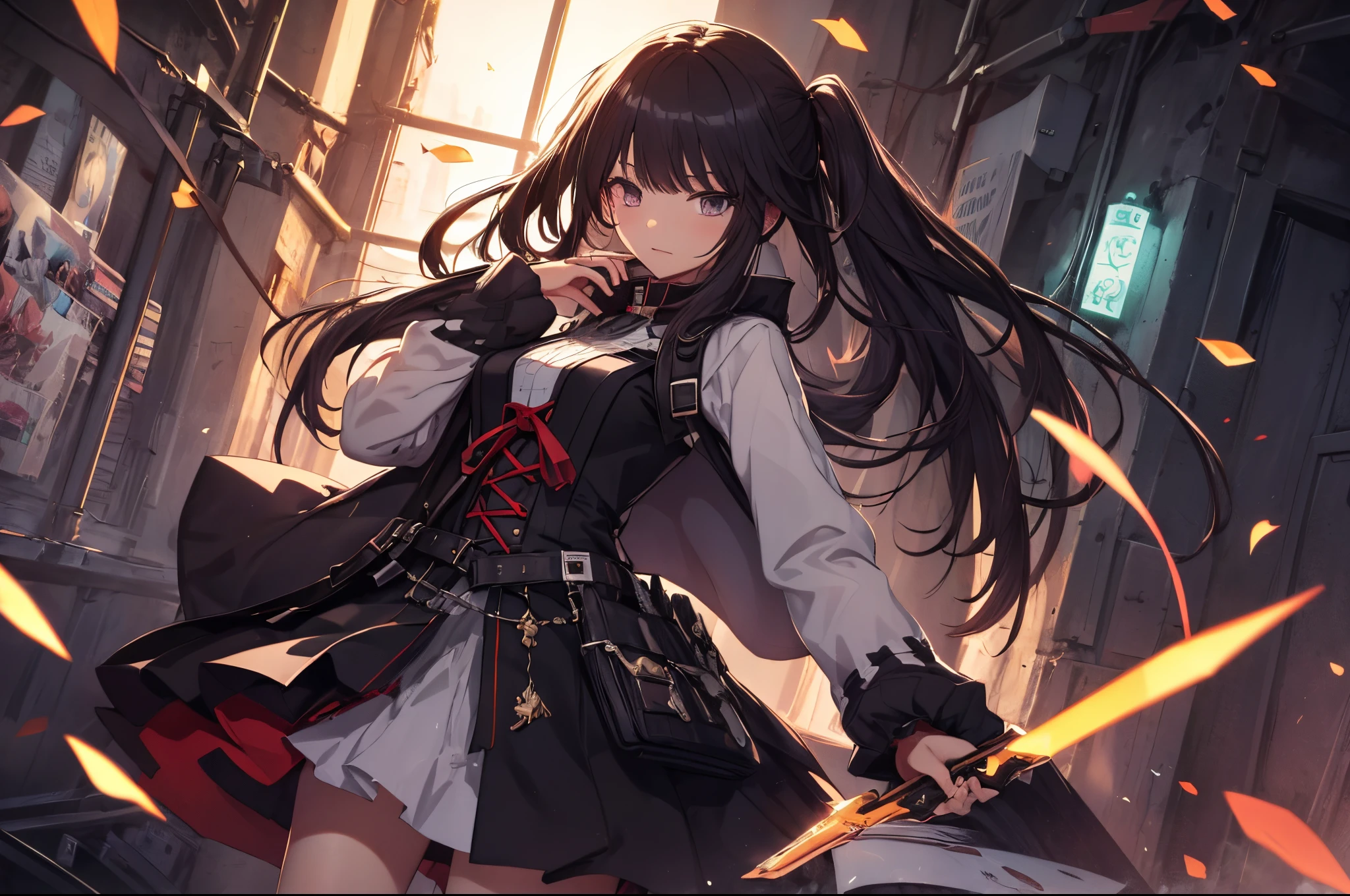 (​masterpiece}, {hight resolution}, {Good }, (top-quality), (extremely delicate and beautiful), (8k cg wallpaper), (illustratio), 1 girl in, shoot a huge gun、Cry of madness