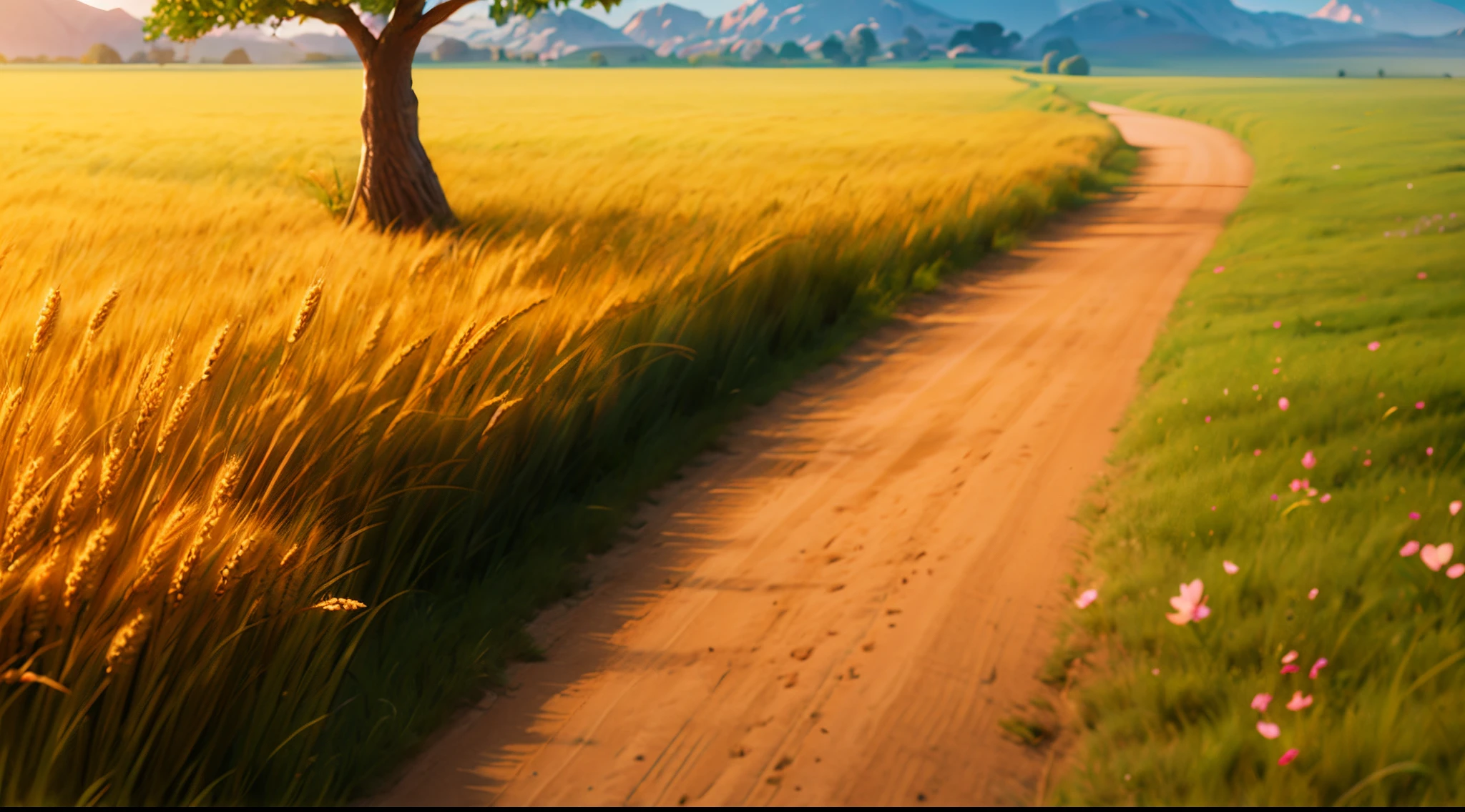 (a dirt road,deep into the image),(a wheat field that has a tree with green leaves ,left),(a meadow with various colorful flowers,right),(Pixar Disney style),(RenderMan),(Artstation) meadow,beautiful detailed flowers,vivid colors