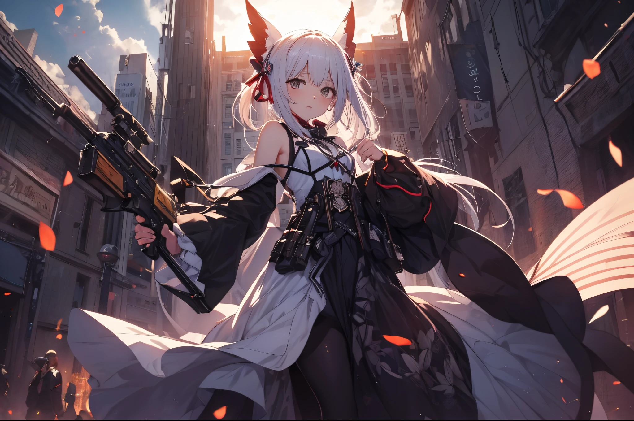 (​masterpiece}, {hight resolution}, {Good anatomy}, (top-quality), (extremely delicate and beautiful), (8k cg wallpaper), (illustratio), 1 girl in, shoot a huge gun、Cry of madness