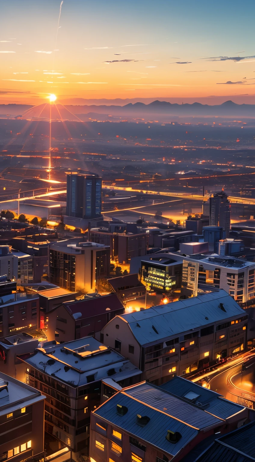 Beautiful sunrise,in morden city,4k, dinamic lighting