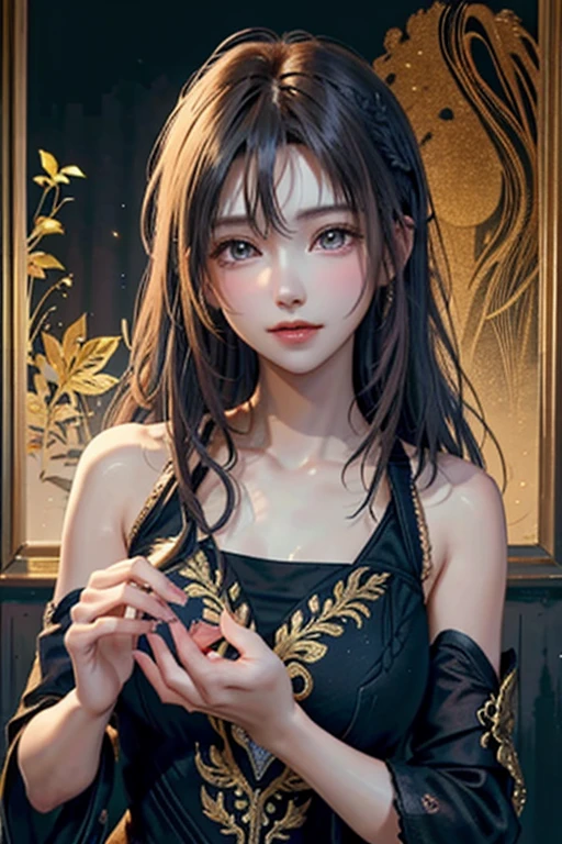 (​masterpiece、top-quality、top-quality、Official art、Beautifully Aesthetic:1.2)、(1girl in)、Extreme details、colourfull、highestdetailed、Official art、Unity 8k壁纸、ultra-detailliert、Beautifully Aesthetic、Beautiful fece、​masterpiece、top-quality、(Zentangle、a Mandala、Tangles、Entanglement)、Holy Light、gold foil、Gold leaf art、glitter drawing、PerfectNwsjMajmagic、(shorth hair:1.2、Beautiful hairstyle:1.3)