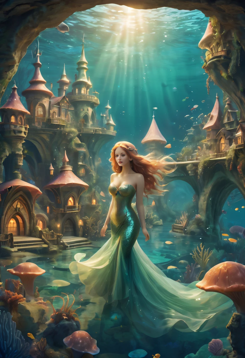 Fairy Tale Village，ocean floor，Beautiful mermaid princess