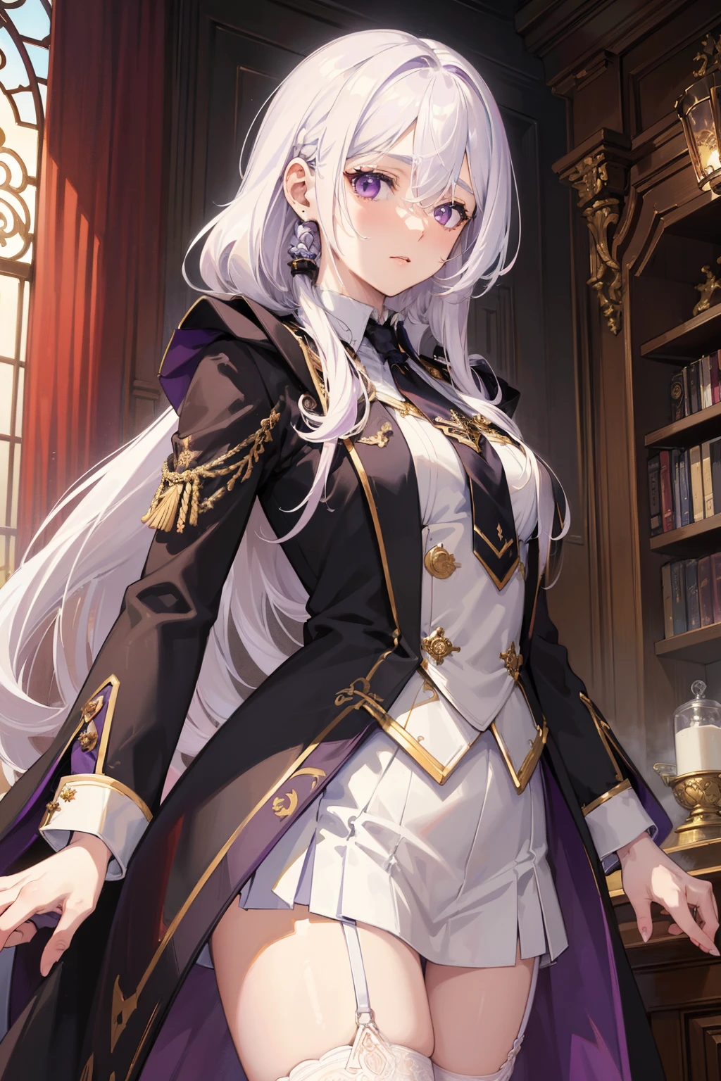 (best quality:1.3), (masterpiece:1.3), (illustration:1.3), (ultra-detailed:1.3), (imid shot:0.9), 1girl, medium breasts, purple eyes, (((white hair))), hair ornaments, tall, mature, long hair, tied hair, indoors, thigh-highs, low ponytail, upper body, close up, coat, black suit, necktie, black and purple cloak attached to her collar, shorts