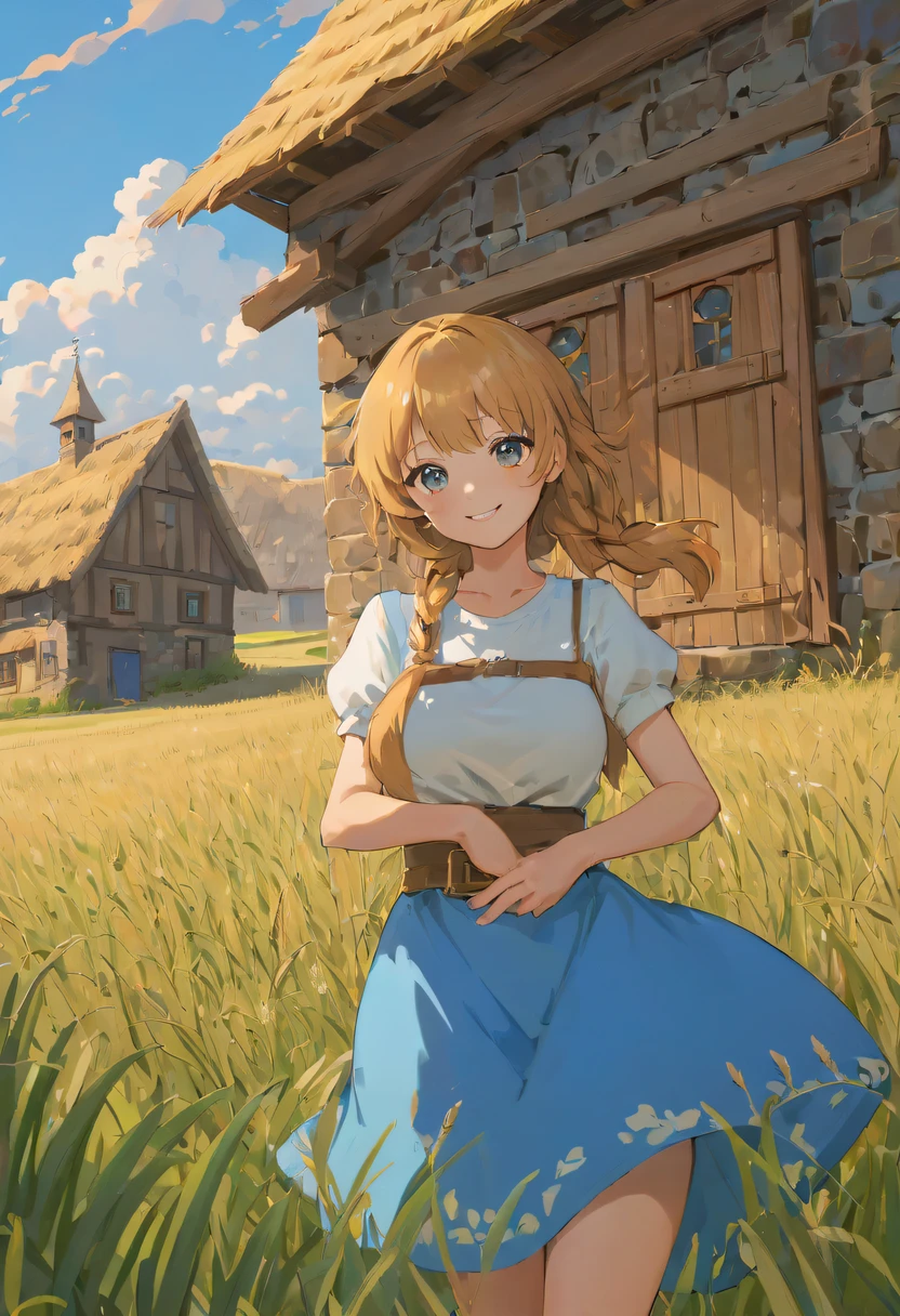 (((Best quality))), high saturated, Scavenging, Structurally sound, Stylized, architecture, booru, build, pay, chimneys, cloud, Cloudy_sky sky, day, Fantastical, doors, grassy, Duan, Monte, The No_human character, external, floods, The landscape, sky sky, the sunset, that tree, window, wheat field, wheat, jk country, ssmile, Cute big breasts, blue skirts, White top