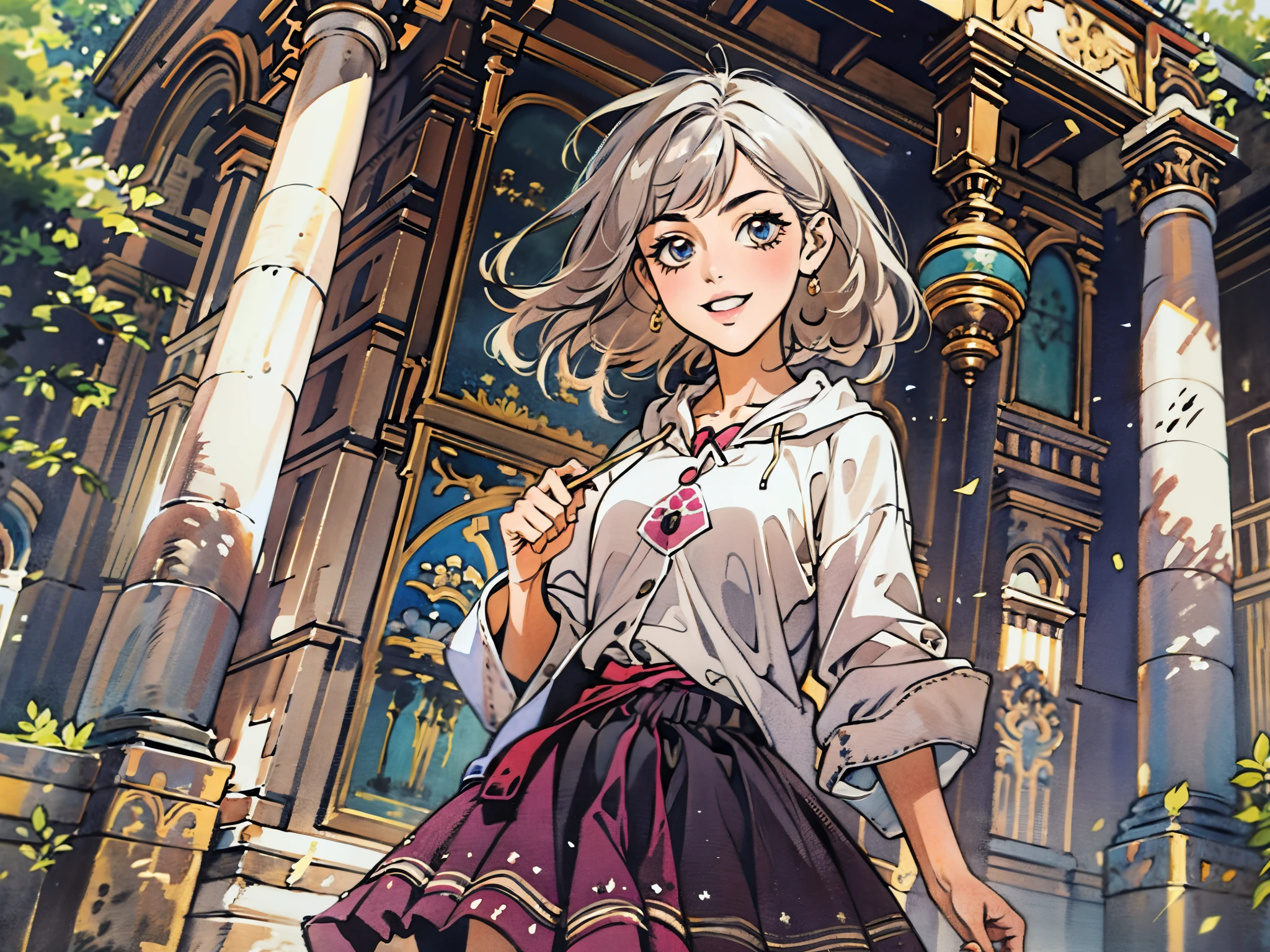 A girl with short gray hair, bright eyes, a cheerful smile, a joyful expression, a slender figure, a two-piece fantasy-realistic style jacket, short skirt that matching the outfit, barefoot, she happily leaps in front of a fantasy-style ancient ritual building, bright and soft color, this character embodies a finely crafted fantasy-realistic style girl in anime style, exquisite and mature manga art style, high definition, best quality, highres, ultra-detailed, ultra-fine painting, extremely delicate, professional, anatomically correct, symmetrical face, extremely detailed eyes and face, high quality eyes, creativity, RAW photo, UHD, 8k, Natural light, cinematic lighting, masterpiece-anatomy-perfect, masterpiece:1.5