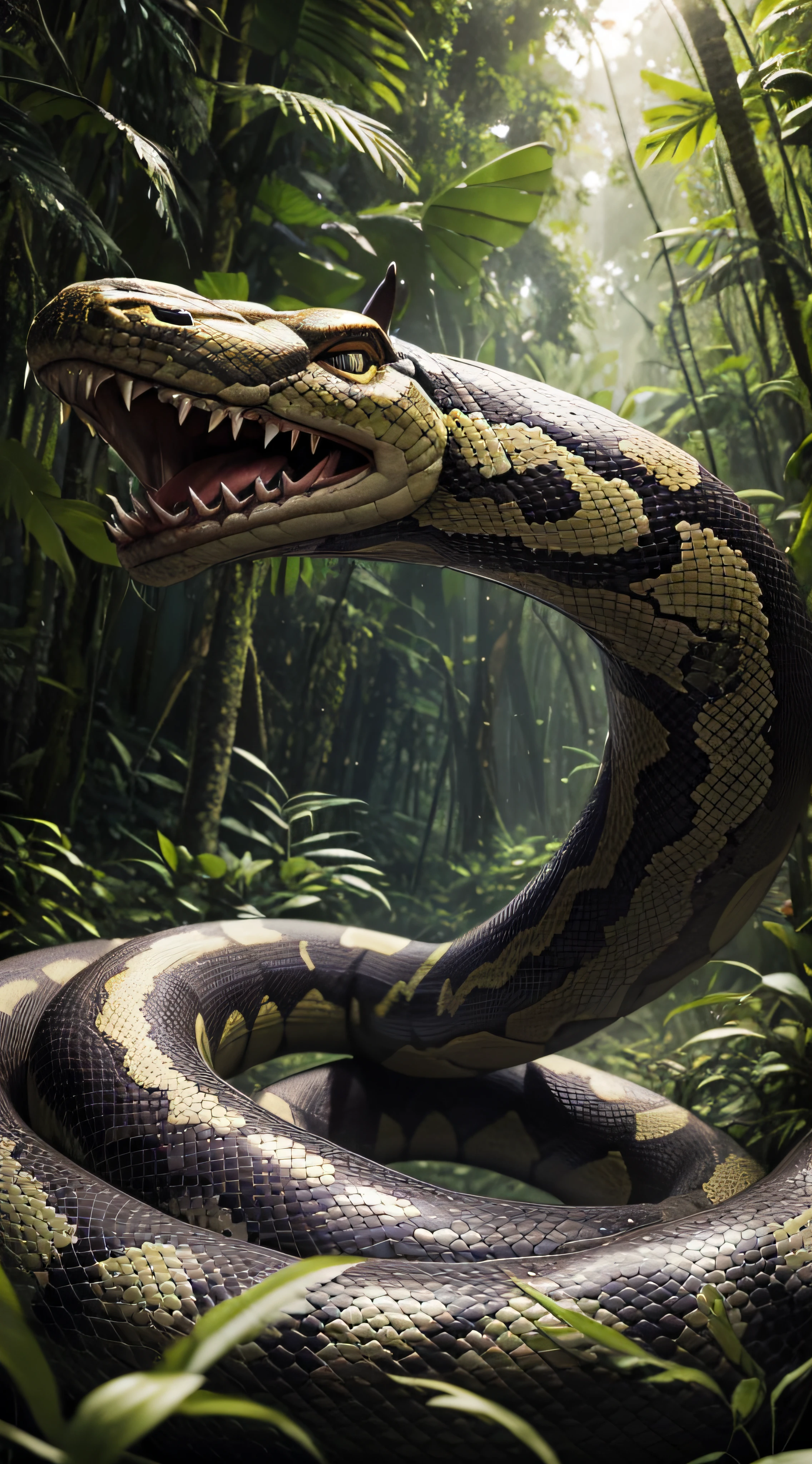 imagem vreal de uma cobra enorme com 30 metros, long sharp teeth and two horns in the Amazon rainforest