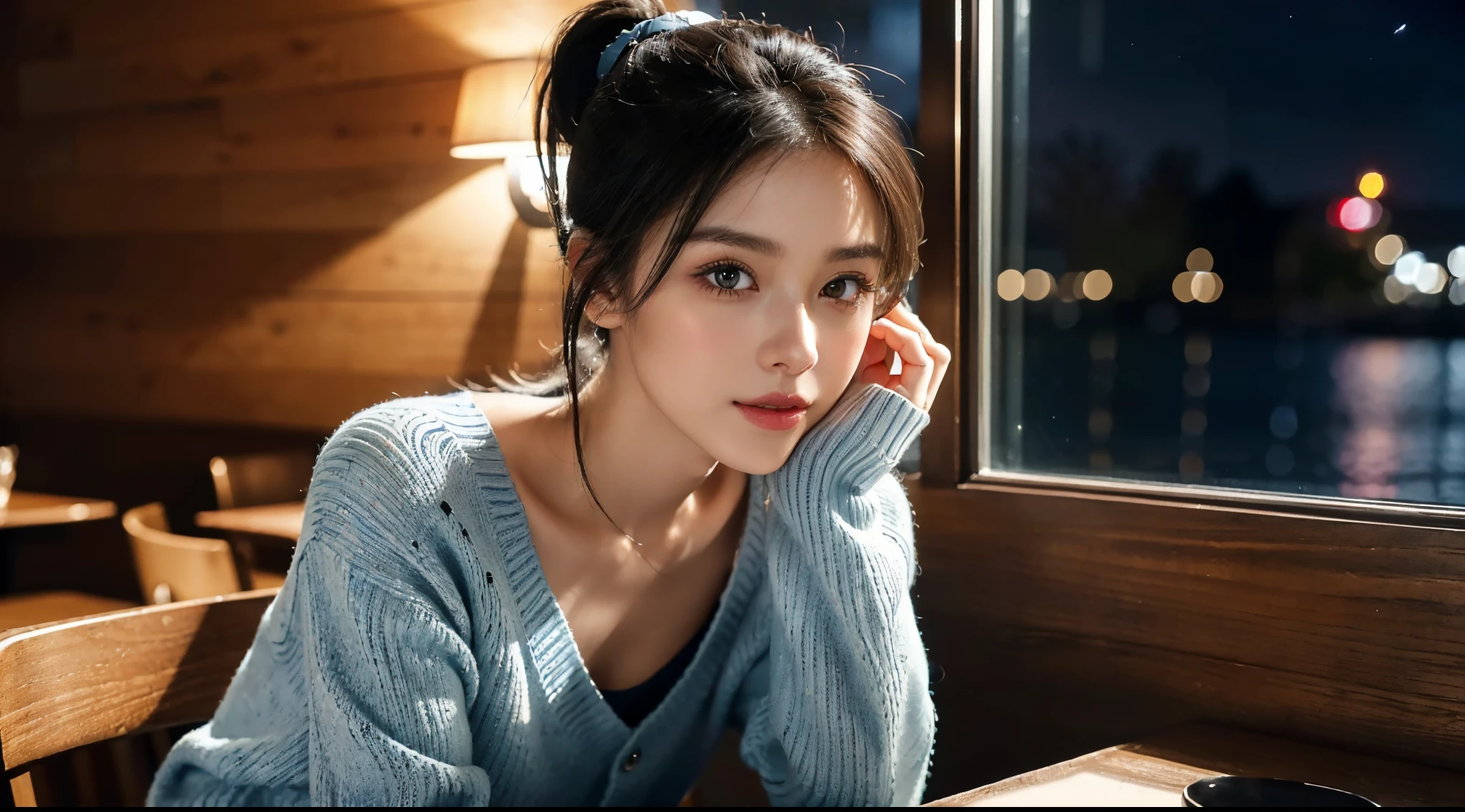 25 years Old woman, sweater, Open Chest, beauty face, thin, Updo hair style, medium breast