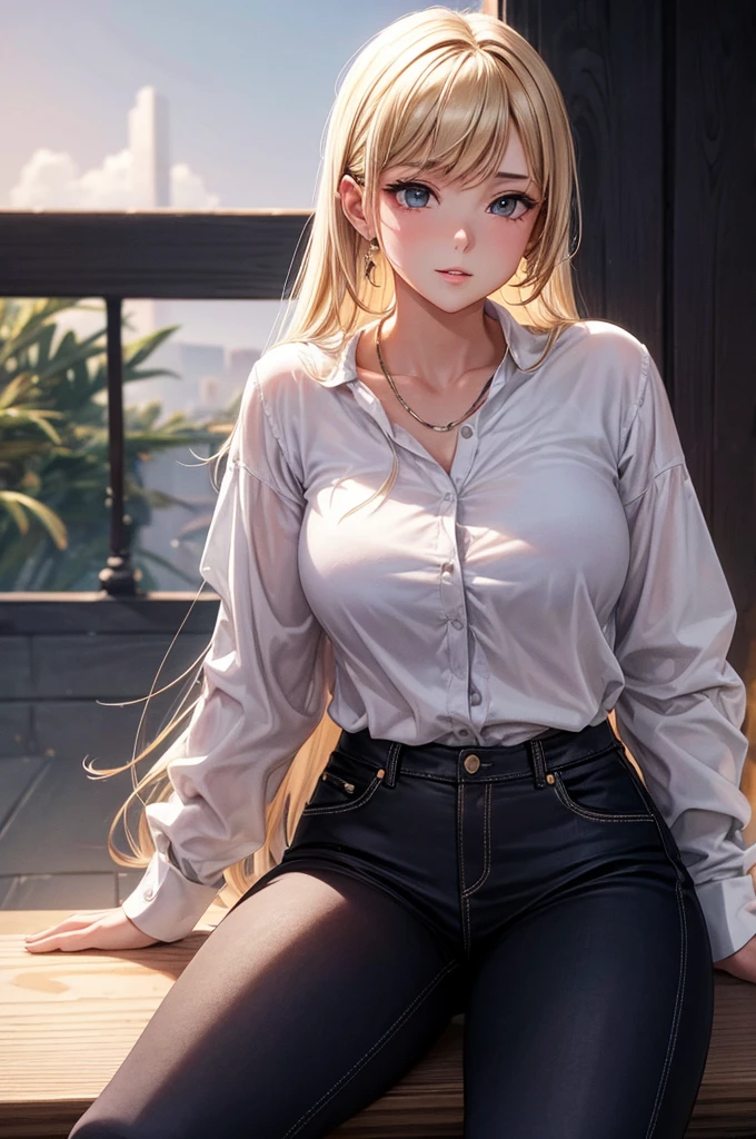 Beautiful, masutepiece, Best Quality, extra detailed face, Perfect Lighting, 1girl in, Solo, Giovanna, Cowboy Shot, White shirt, Black pants, Sitting, Spread legs