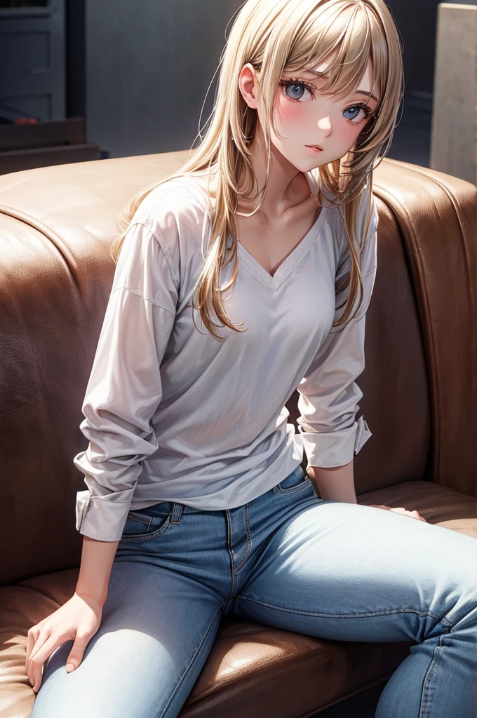 Beautiful, masutepiece, Best Quality, extra detailed face,  Perfect Lighting, 1girl in, Solo,  Giovanna, Cowboy Shot, White shirt, Black pants, Sitting, Spread legs