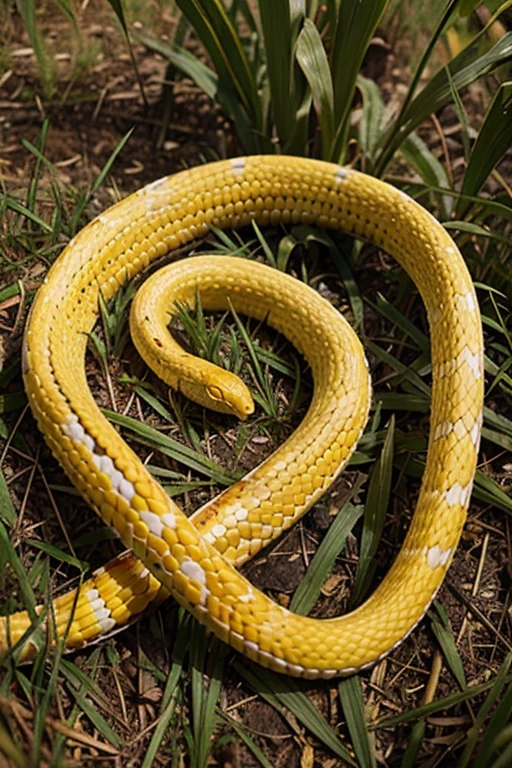 Corn snake, golden yellow body On the grass and a green corn snake