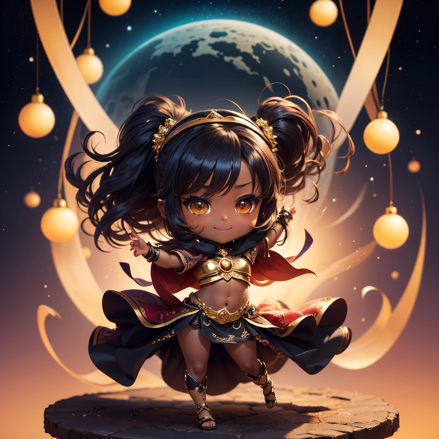 ​masterpiece、top-quality、ultra-detailliert、(Chibi character dark skin:1.3)、belly dance with pareo 、Hair swaying in the wind、Dance Dance、A smile、decoration christmas cake ride、Chibi Anime
