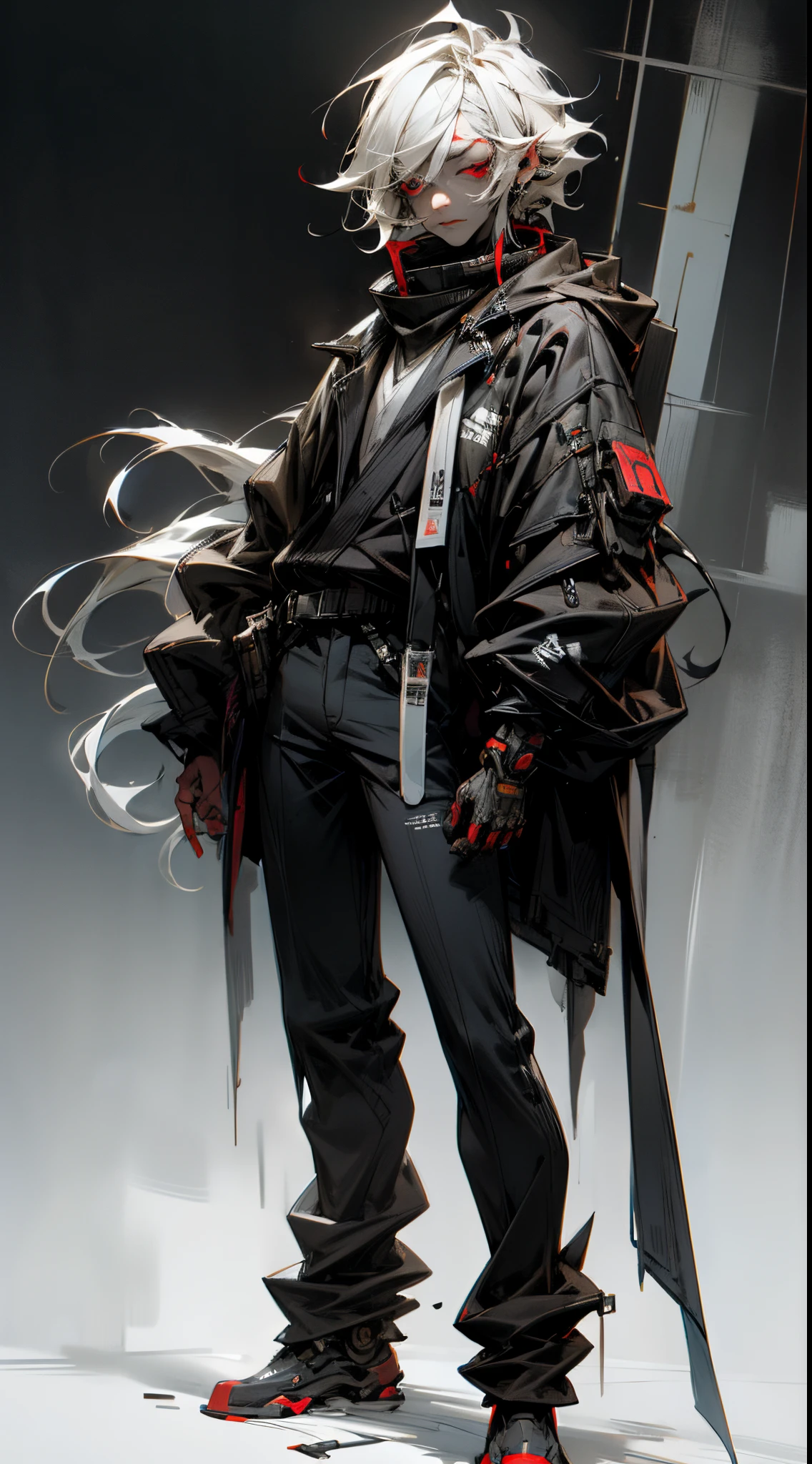 Innovative male Vtuber full body, white hair, small white eyebrows, brown, red eyes, sickly expression, mine-type makeup, dark circles under eyes, droopy eyes, cyberpunk style costume.