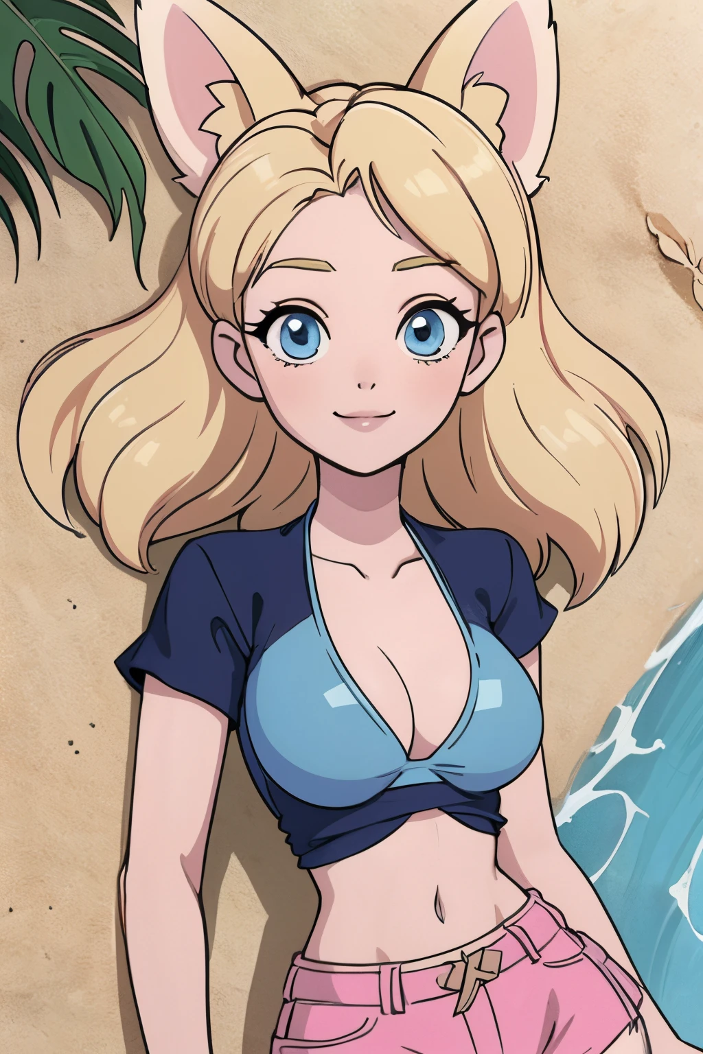 Beautiful 1girl, full body, ager, solo, (very long waist length blonde hair, straight blonde hair: 1.28), ((light blue eyes)), clear skin, (large darker fox ears: 1.35), pale skin, medium breasts, cleavage, (thin hips, thin waist , athletic body: 1.25), background, looking away, shy smile, revealing clothes, (wearing a tight cropped t-shirt & bikini bottoms: 1.5), (lying down on sand, lying down, lying on back: 1.37), (tropical waterfalls: 1.15), 4k textures, soft light, elegant, highly detailed, sharp focus, soothing tones,