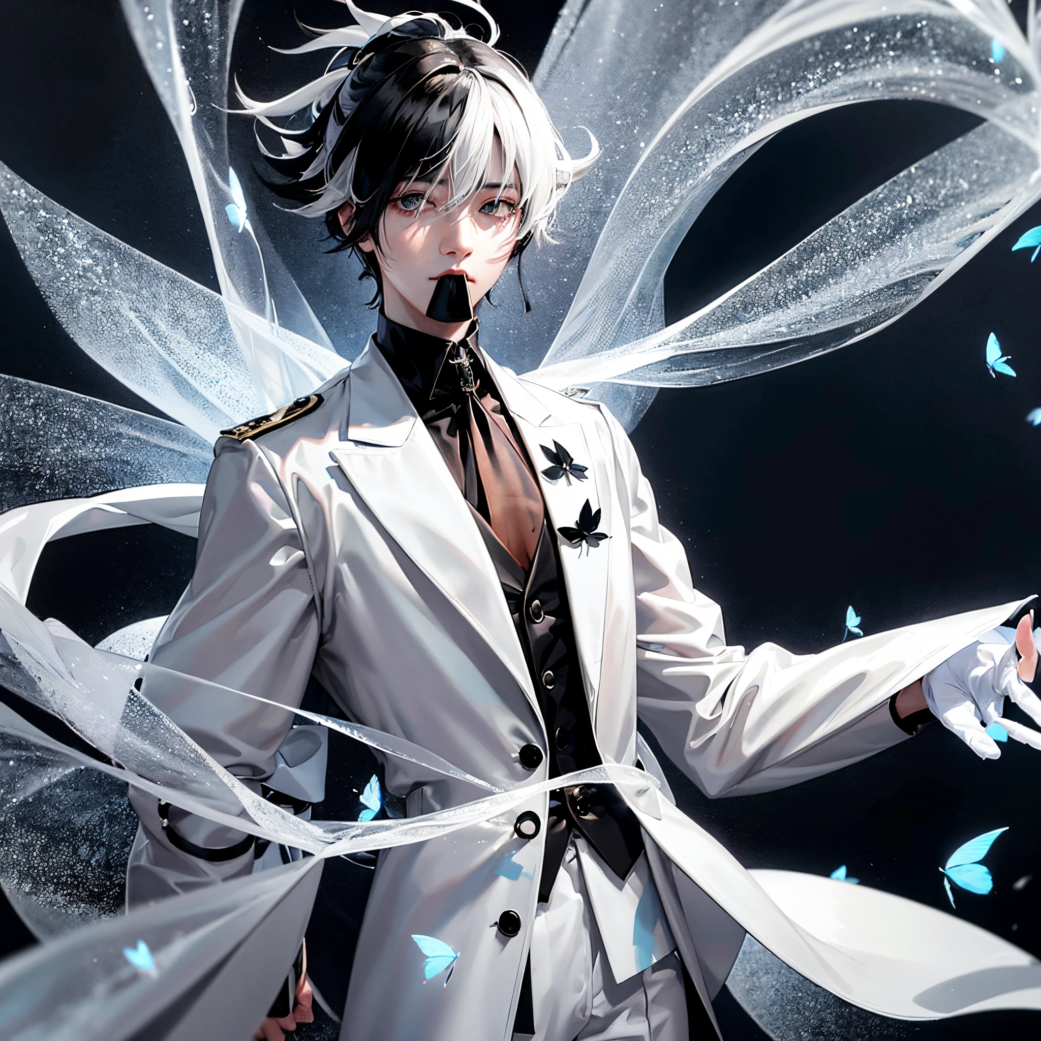 anime guy, an elegant anime guy, white trench coat made of black and white fabric, transparent curtains, transparent fleeting and fluttering fabric, silver butterflies
