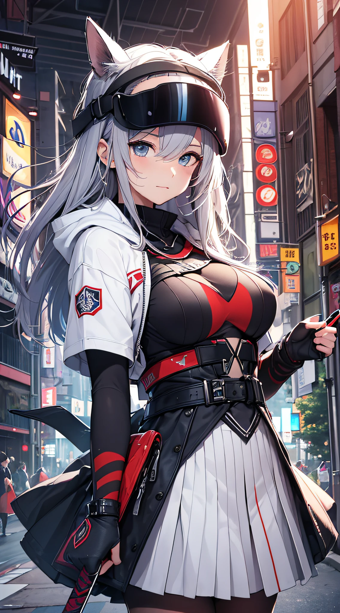 top-quality、Top image quality、masterpiece、s girl((sixteen years old、 Ager、Best Bust、big bast,wide open breasts、Beautiful light blue eyerest, multicolored hair、A slender,Large valleys、Reflecting the whole body、Laugh、dye one's cheeks red、Black Hero Suit、red cloak、Red short skirt、Niō Standing、Cross your arms)),hiquality、Beautiful Art、Background with(( natta、On the roof of a building、helicopter)))、masutepiece、depth of fields,
