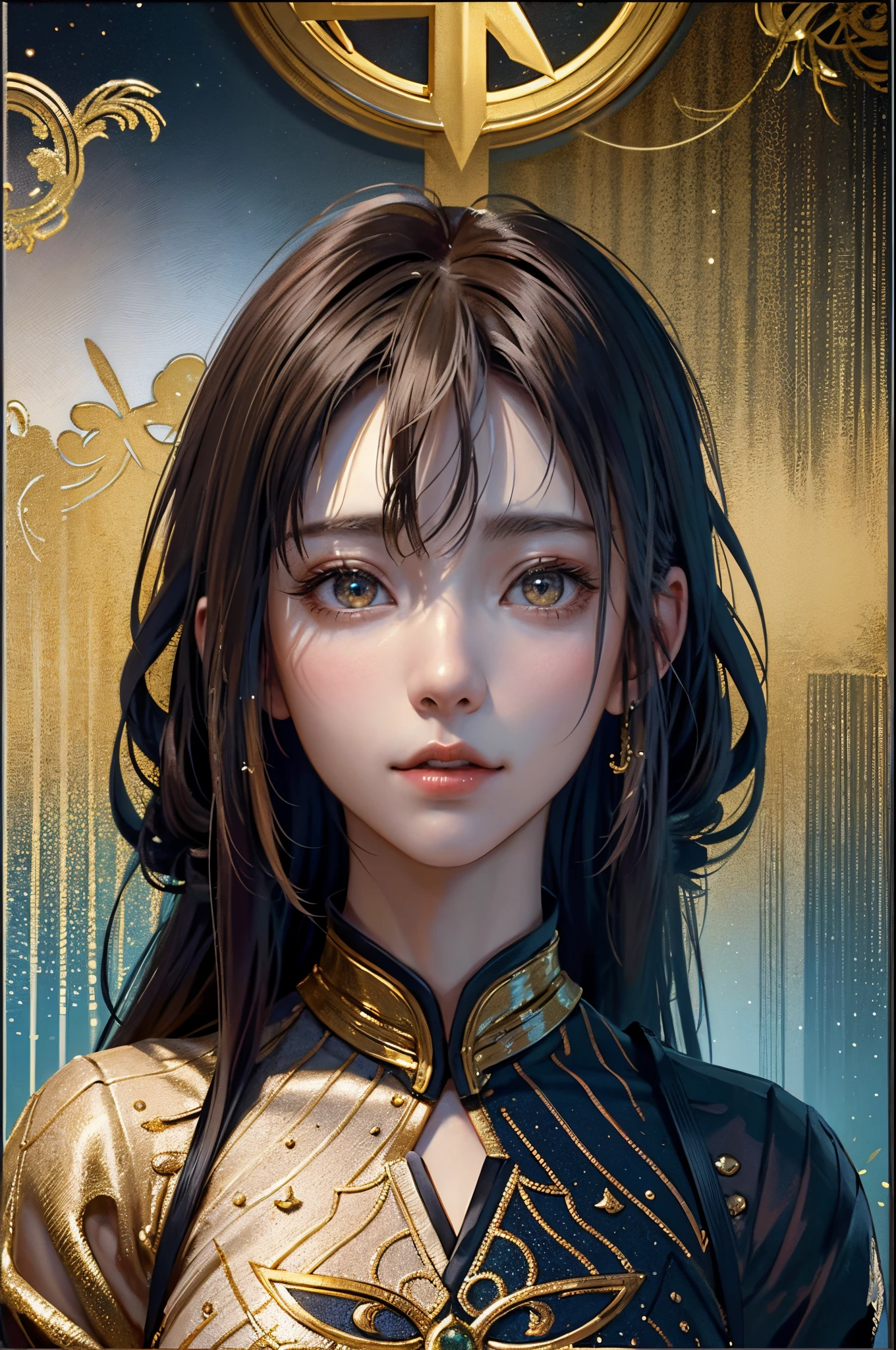 (masterpiece、top-quality、top-quality、Official art、Beautifully Aesthetic:1.2)、(1girl in)、Extreme details、colourfull、highestdetailed、Official art、Unity 8k壁纸、ultra-detailliert、Beautifully Aesthetic、Beautiful fece、masterpiece、top-quality、(Zentangle、a Mandala、Tangles、Entanglement)、Holy Light、gold foil、Gold leaf art、glitter drawing、PerfectNwsjMajmagic、(shorth hair、Beautiful hairstyle:1.4)