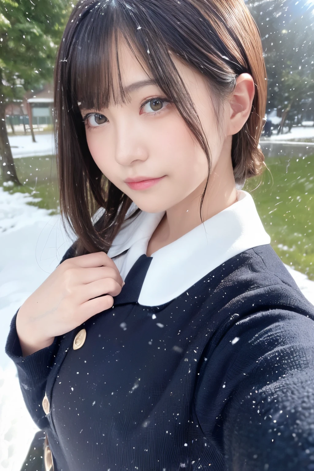 (Komono)、(top-quality,tmasterpiece:1.3,超A high resolution,),(ultra - detailed,Caustics),(Photorealsitic:1.4,RAW shooting,)Ultra-realistic capture,A highly detailed,HD 16K for human skin、 Natural Skin Texture、、skin looks healthy,Uniform color、 Use natural light and color,A Woman Who ,jpn,,kawaii,brunette color hair,Midhair,(depth of fields、color difference、、Wide range of lighting、Natural Shadow、)、(Falling snow:1.2)、(Hair swaying in the wind:1.2)、(reflecting the light of the snow:1.2)