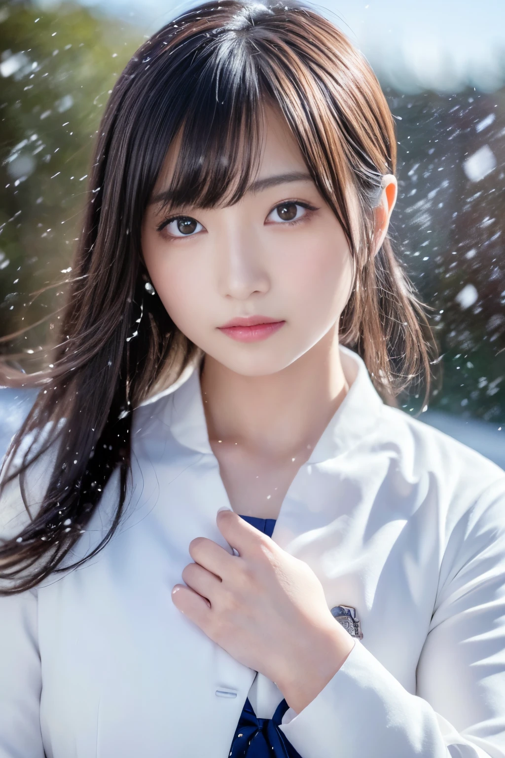 (Komono)、(top-quality,tmasterpiece:1.3,超A high resolution,),(ultra - detailed,Caustics),(Photorealsitic:1.4,RAW shooting,)Ultra-realistic capture,A highly detailed,HD 16K for human skin、 Natural Skin Texture、、skin looks healthy,Uniform color、 Use natural light and color,A Woman Who ,jpn,,kawaii,brunette color hair,Midhair,(depth of fields、color difference、、Wide range of lighting、Natural Shadow、)、(Falling snow:1.2)、(Hair swaying in the wind:1.2)、(reflecting the light of the snow:1.2)