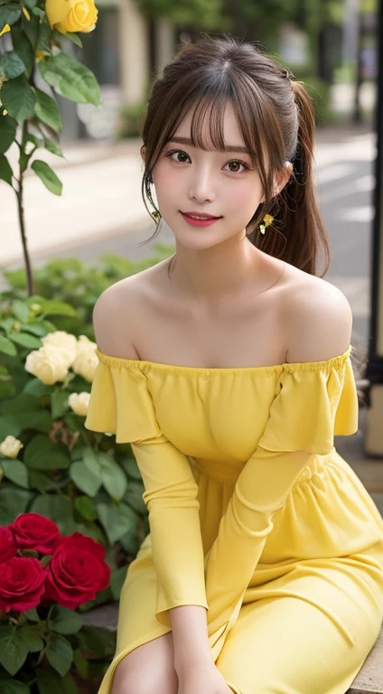 (she was wearing a long yellow party dress、yellow roses were blooming..。
 ,Off-shoulder_Dress,:1.3),(side slits:1.1)masutepiece, Best Quality, Illustration, Ultra-detailed, finely detail, hight resolution, 8K Wallpaper, Perfect dynamic composition, Beautiful detailed eyes, Women's Fashion Summer,Ponytail hair,Small breasts natural color lip, Bold sexy poses,Smile,Harajuku、20 years girl、Cute、Sexy shot looking at camera, Big breasts about to burst :1.2、Boyleg、(Underwear shot while sitting with legs spread:1.2)、Show your toes，Fork the legs