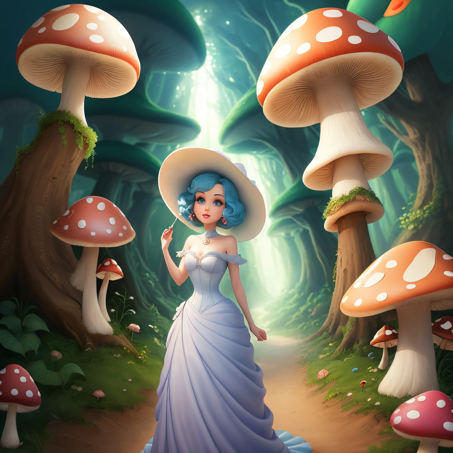 Pixar-style beauty wearing a mushroom