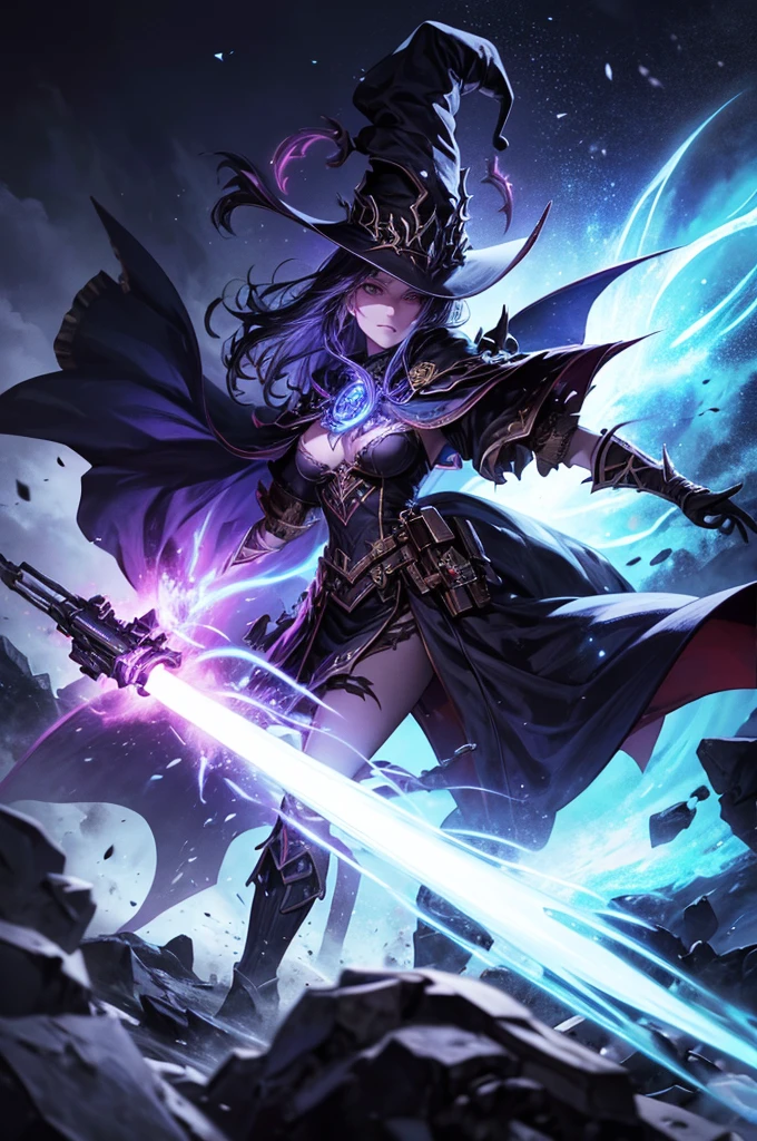 (Very detailed 8k wallpaper), Medium shot of ne Necromancer, particle lighting, high detailing, Dramatic, Gatling gun in hand, clean back ground, Wearing a wizard's hat, Top weapon in the background removed