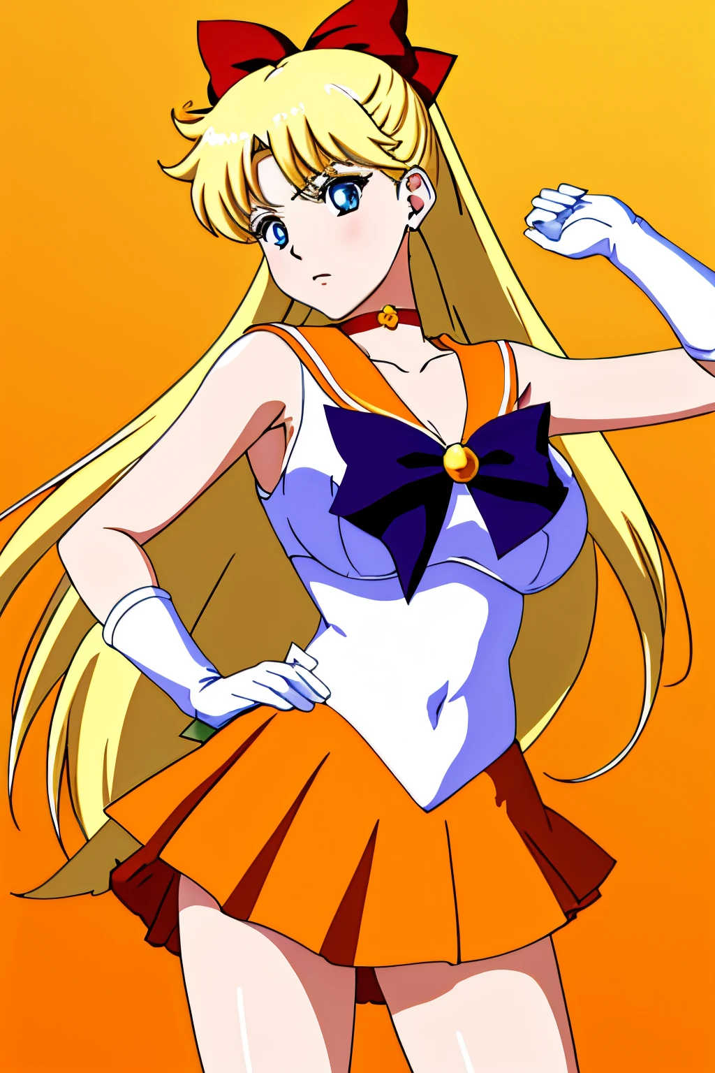 top-quality、​masterpiece、high definition art、anime style 4 k、rating:safe、Sailor Senshi Uniform、an anime girl、Mature girls、14 years old girl、Very long blonde woman、bow、orangechoker、Golden Choker、skirt、solo、Orange sailor collar、Golden sailor collar、purple bowtie、magical little girl、jewelry、red_bow、Blue-eyed woman、white glove、elbowgloves、Orange skirt、Golden skirt、back_bow、yellow_background、a miniskirt、pleatedskirt、Woman with very large breasts、huge tit、hair_bow、耳Nipple Ring、circlet、cowboy_shot、Half Up Hair、covered_navel、White leotard、highleg leotard、robe blanche、violet_bow、orange_background、gold_background、Woman standing、looking_at_viewer、crescent、bangs、brooch、collarbone、shiny、Bare shoulders、bare legs、