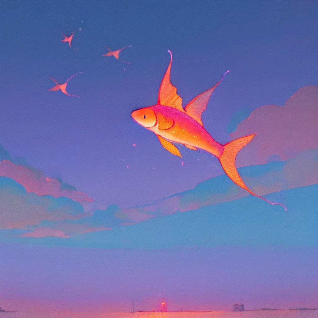(((lofi aesthetic))), lofi aesthetic scenario, landscape, lofi vibes, cozy, warm colors, ((several glowing fish flying in the sky)), high detail