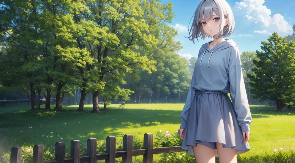 mid-shot, Look at viewers, hands behind back, girl with, 20 years old, Very short hair, long bangs between eyes, hair over shoulder, Grey Hair, Floating hair, ^ ^, pale blue eyes, Short dress, Hoodie, Skirt, Bare shoulder, White clothes, Blue sky, Nature, Sunlight, Extremely detailed,