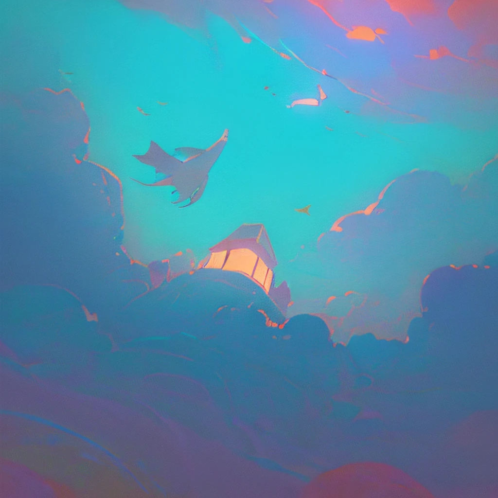 (((lofi aesthetic))), lofi aesthetic scenario, landscape, lofi vibes, cozy, warm colors, several glowing fish flying in the sky, dreamy, view from below