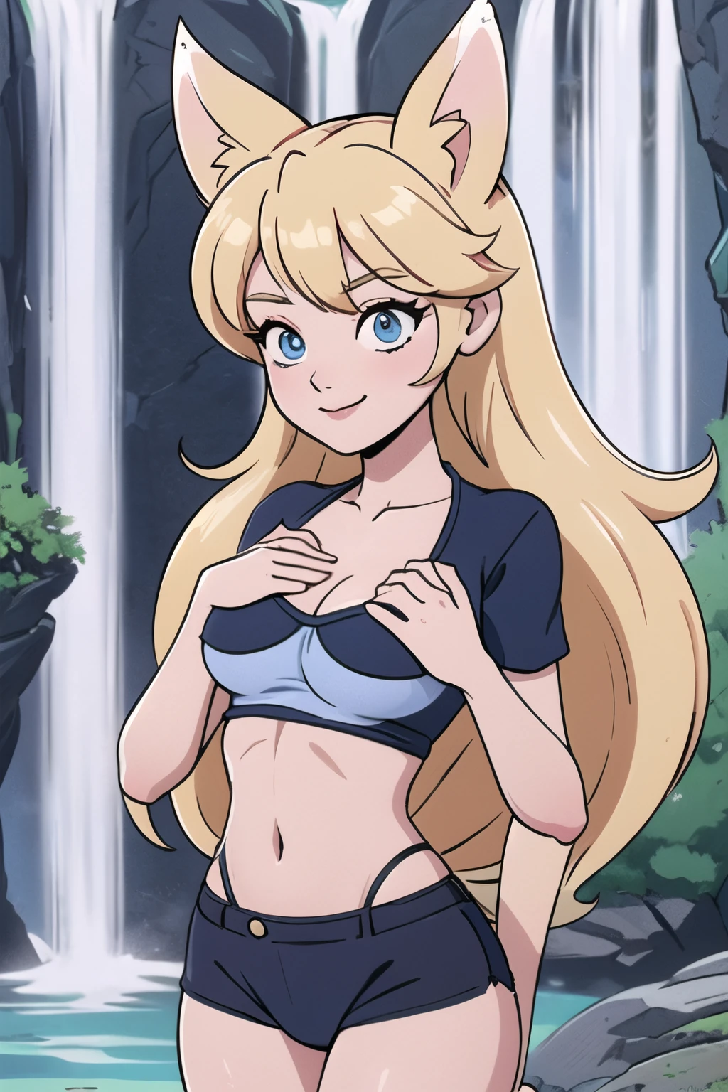Beautiful 1girl, full body, teenager, solo, (very long waist length blonde hair, straight blonde hair: 1.28), ((light blue eyes)), clear skin, (large darker fox ears: 1.35), pale skin, medium breasts, cleavage, (thin hips, thin waist , athletic body: 1.25), background, looking away, shy smile, revealing clothes, (wearing a tight cropped t-shirt & bikini bottoms: 1.5), (groping chest: 1.37), (tropical waterfalls, laying water: 1.15), 4k textures, soft light, elegant, highly detailed, sharp focus, soothing tones,