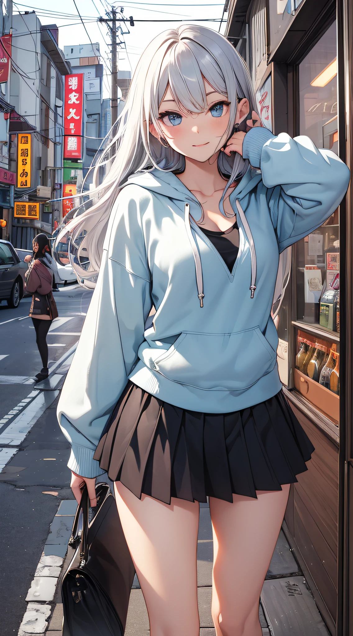 top-quality、Top image quality、masterpiece、teens girl((White and blue open-chest hoodie、Black skirt、18year old、 Ager、Best Bust、big bast,Beautiful light blue eyes, Long silver hair、A slender,Large valleys、Reflecting the whole body、Leaning forward、put red sunglasses on your eyes、jumping pose、Excited face、Drunk,Japan holding a sword)),hiquality、Beautiful Art、Background with(( sushi restaurant))masterpiece、depth of fields,